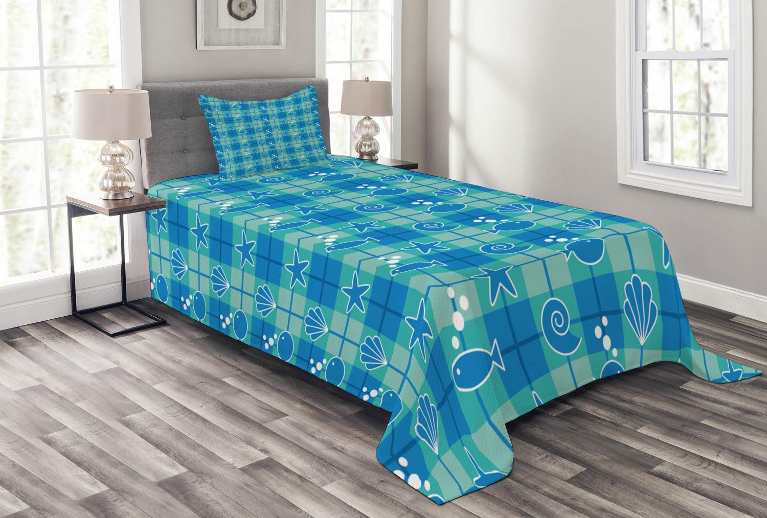 Ambesonne Sea Shells 3-Piece Twin Bedspread Set - Plaid Pattern with Cartoon Marine Silhouettes, Fish, Starfish & Bubbles - Mint Green Blue White Decorative Bedding Coverlet & 2 Pillow Shams | Perfect for Beach Themed Bedrooms, Coastal Decor & Summer Home Styling