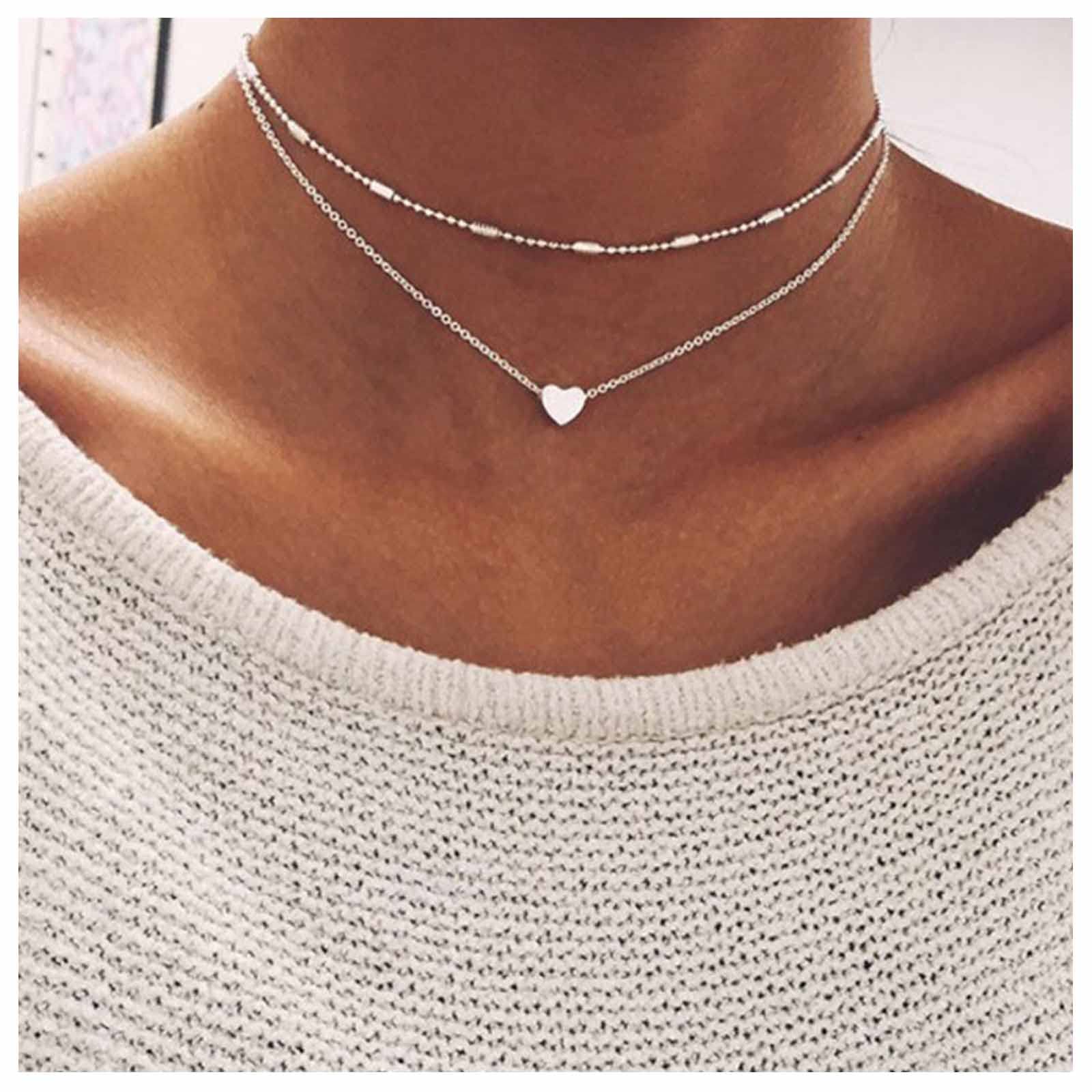 Boho Layered Heart Necklace for Women - Silver Satellite Choker with Love Heart Pendant & Ball Station Necklace - 2 Piece Set | Perfect for Valentine's Day Gifts, Anniversary Presents, and Boho Fashion Accessories