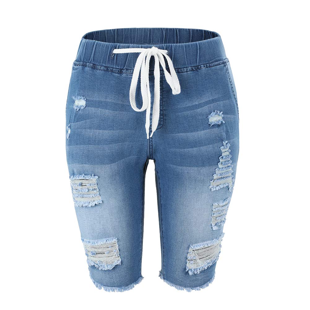 THUNDER STAR Women's Ripped Denim Bermuda Shorts - Distressed Knee-Length Stretch Jeans Shorts for Casual Wear & Summer Outfits
