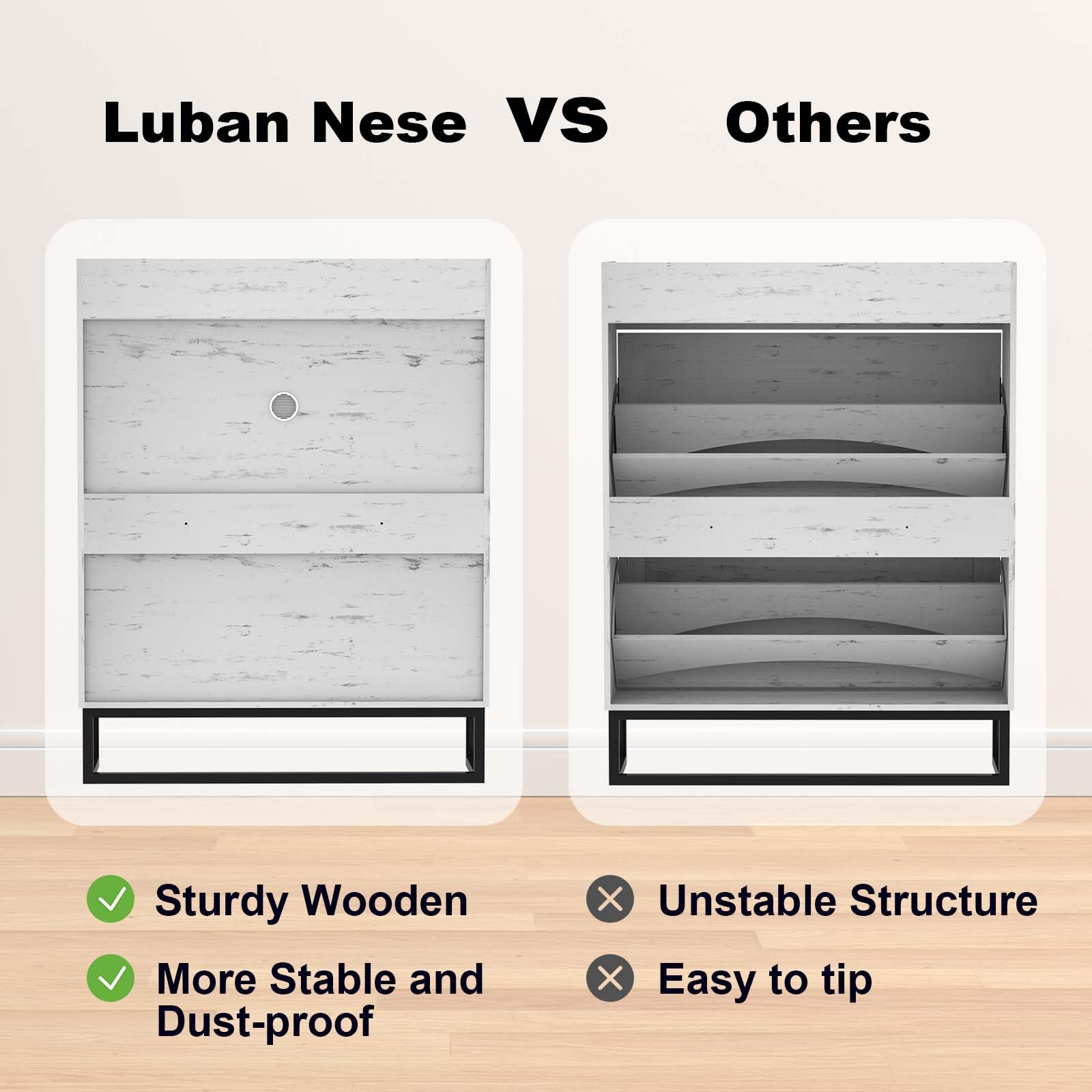 White Rattan Shoe Storage Cabinet with 2 Flip Drawers & Metal Legs - Narrow Entryway Shoe Rack Organizer for Hallway, Closet & Bedroom Organization