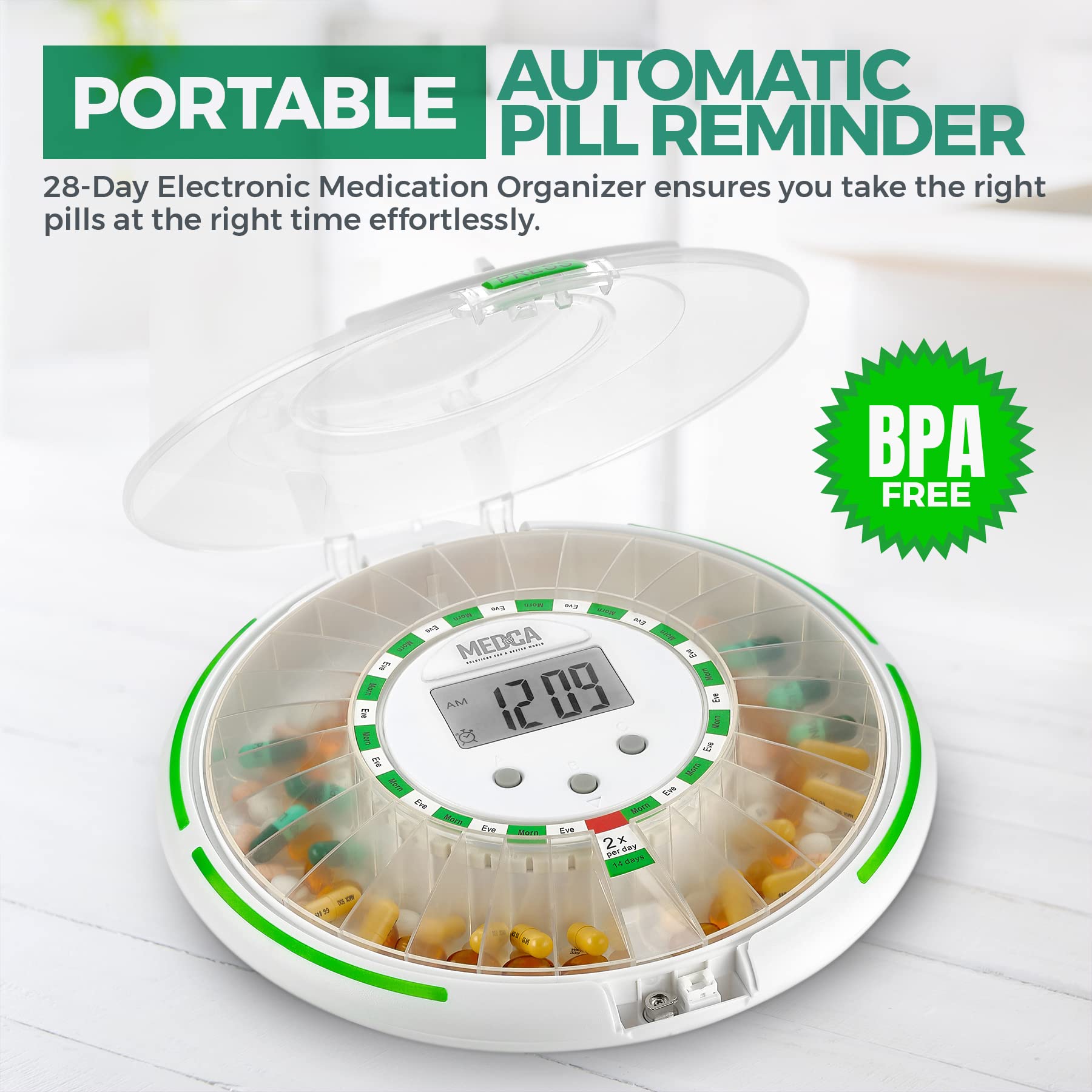 28-Day Automatic Pill Dispenser with LCD Display & Alarm - Lockable Electronic Medication Organizer for Seniors | Daily Pill Reminder for Home Care & Travel