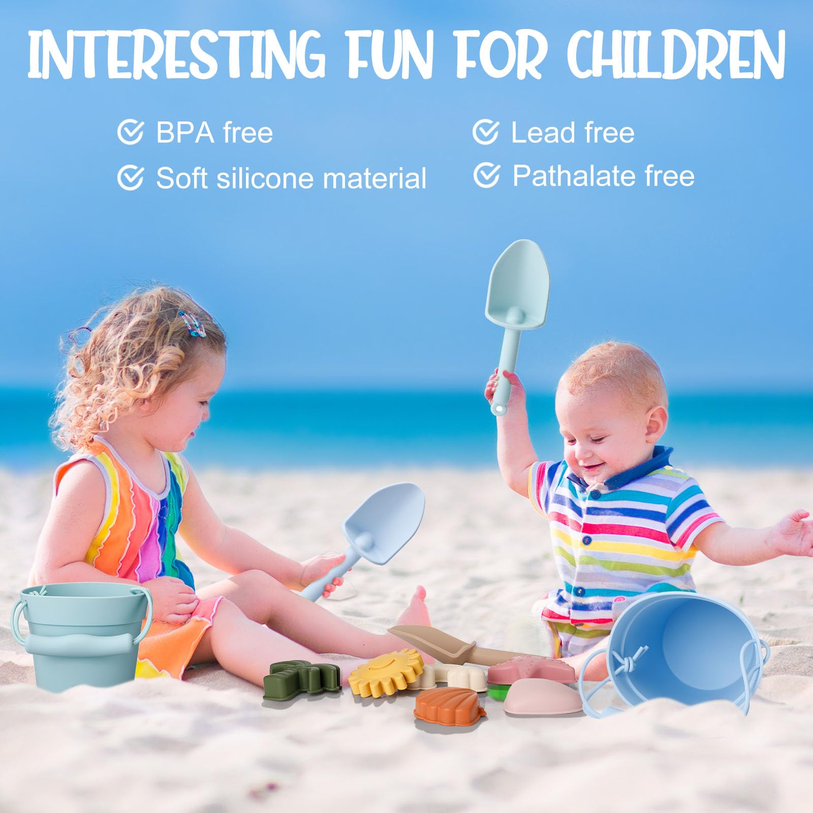 Hungdao 14-Piece Silicone Beach Toys Set - 2 Buckets, 2 Shovels, 9 Sand Molds & 1 Storage Bag - Non-Toxic Kids Sand Toys for Boys & Girls - Perfect for Beach, Pool, Backyard & Outdoor Summer Play (Blue & Green)