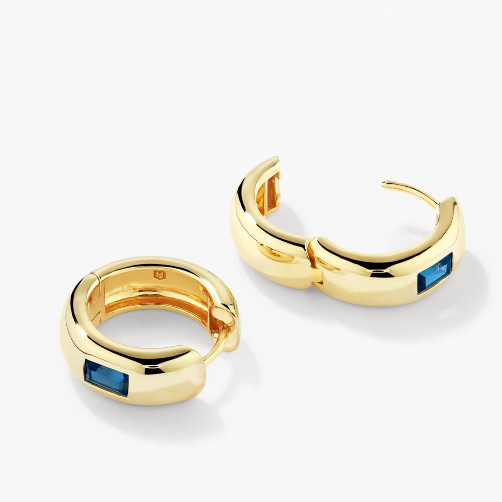 Blue Topaz Baguette Curve Huggie Hoop Earrings in 14K Gold - Perfect for Weddings, Parties & Everyday Elegance