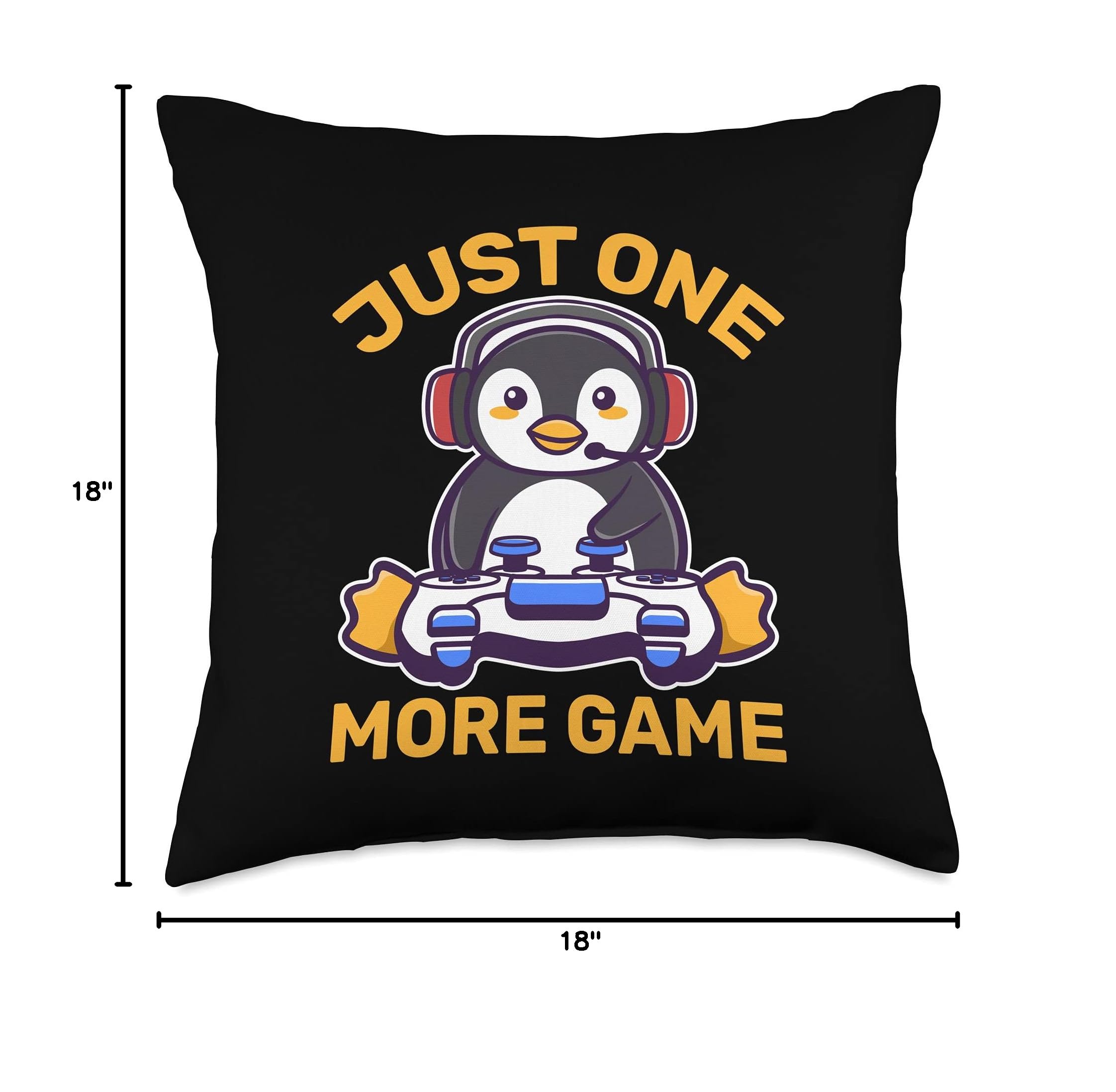 Just One More Game Kawaii Penguin Anime Gamer Throw Pillow - Soft Cute Gaming Decor for Bedroom, Living Room & Office
