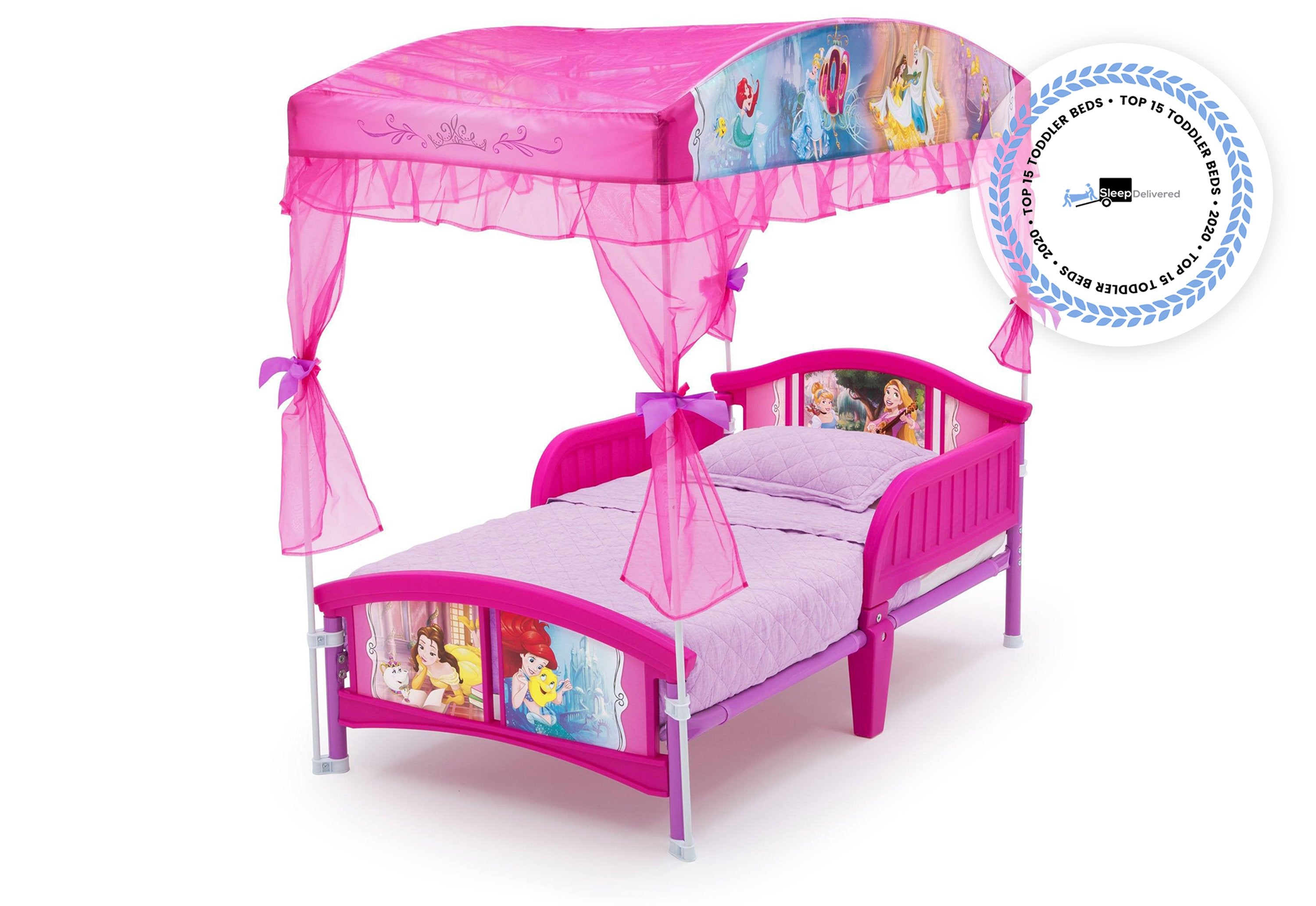 Princess Canopy Toddler Bed for Girls - Pink & White Floral Design - Perfect for Nursery, Bedroom Decor & Kids Sleepover Parties