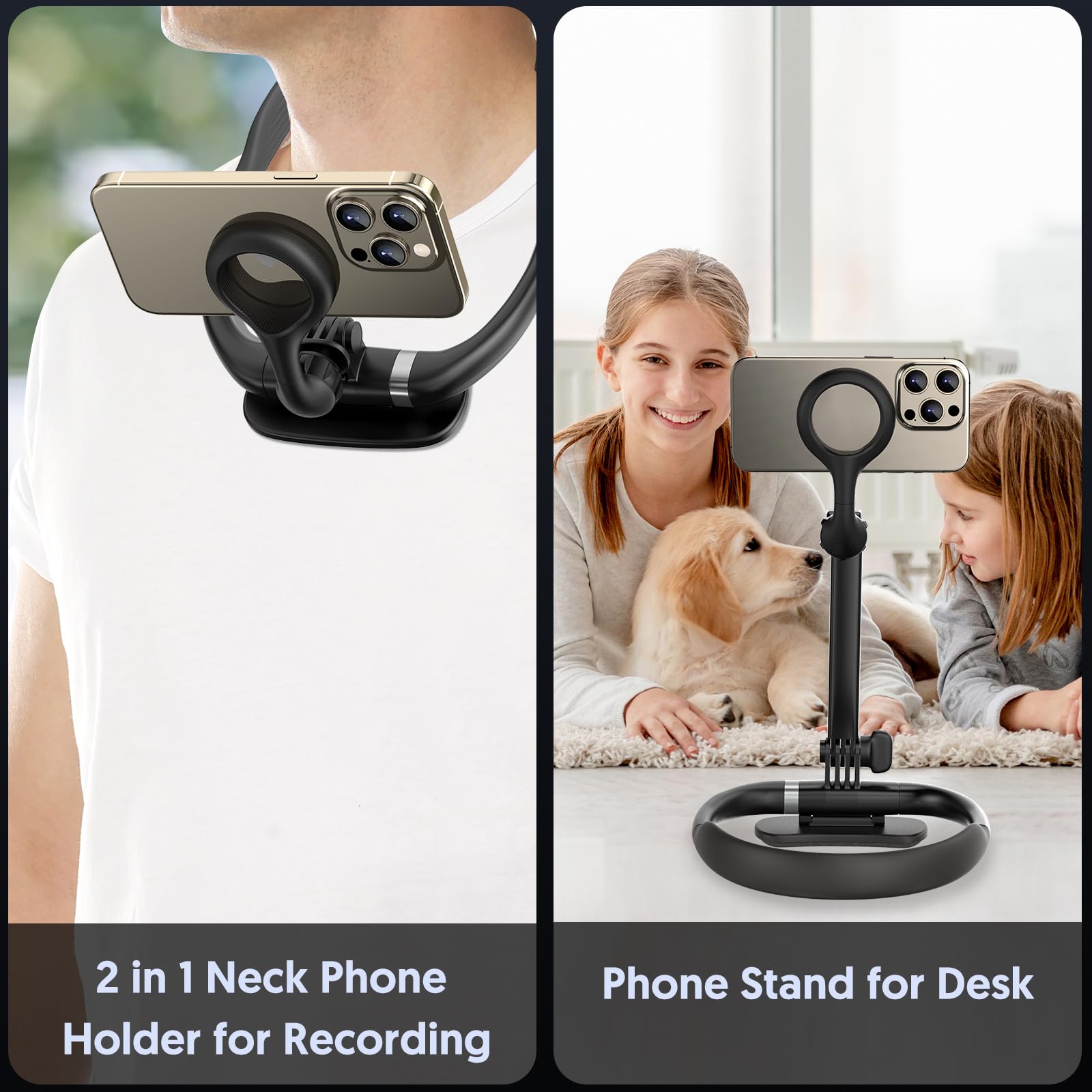Magnetic Neck Mount for Phone - Hands-Free POV/Vlog Selfie Holder, Adjustable Chest Stand Strap Compatible with iPhone & Smartphones (Black) - Perfect for Travel Vlogging, Cooking, Workouts & Outdoor Activities