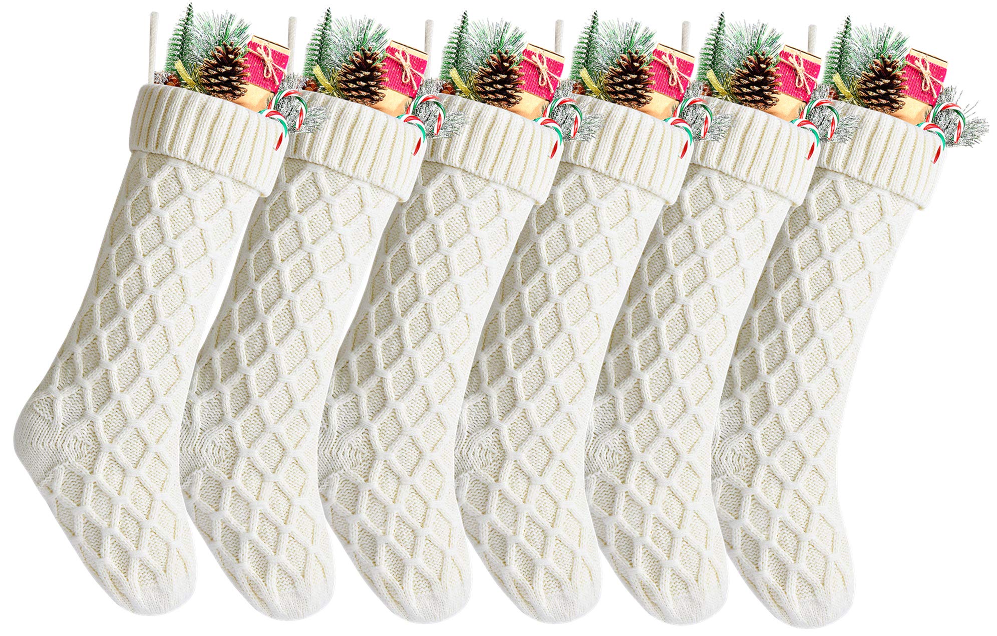6-Pack 18 Inch Unique Ivory Knit Christmas Stockings for Fireplace Decor, Holiday Gift Exchange & Festive Home Decorations