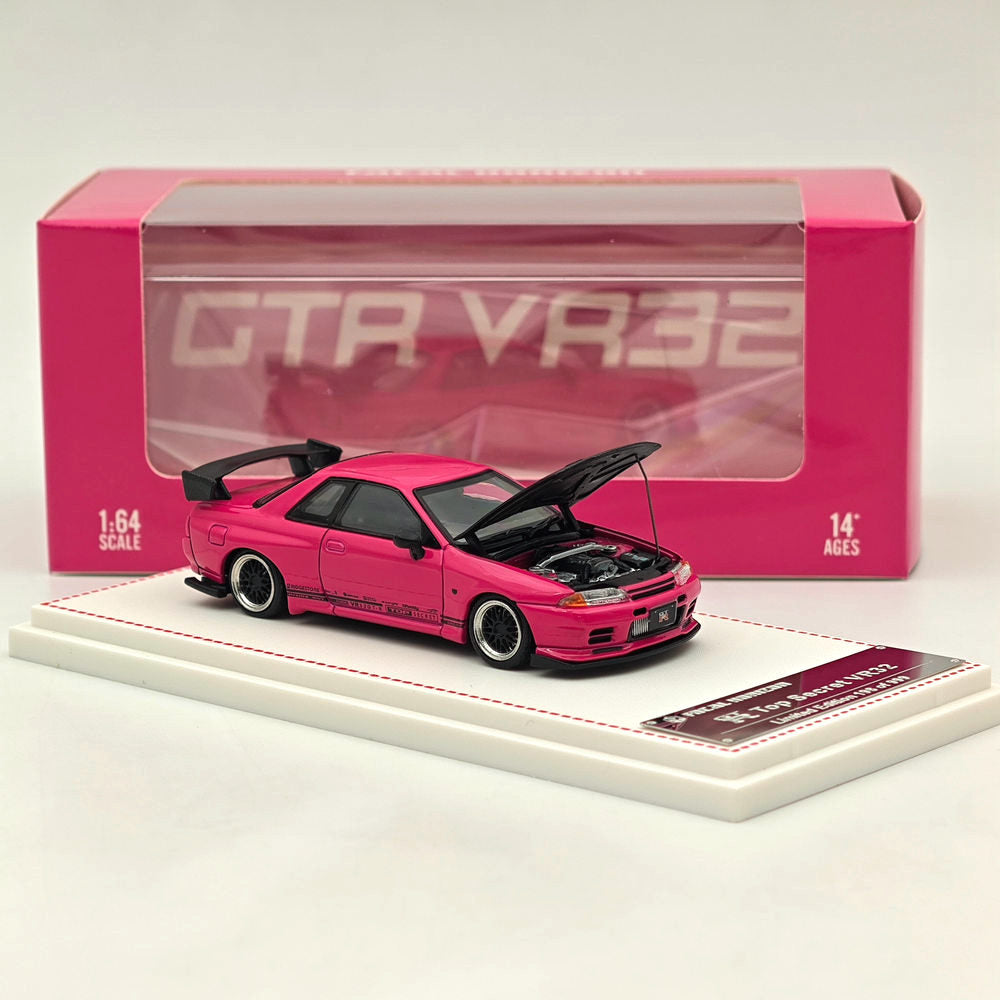 1/64 Nissan Skyline GT-R R32 Diecast Model Car with Carbon Hood - Top Secret Pink Edition | Collectible Toy for Car Enthusiasts & Display for Home/Office Decor