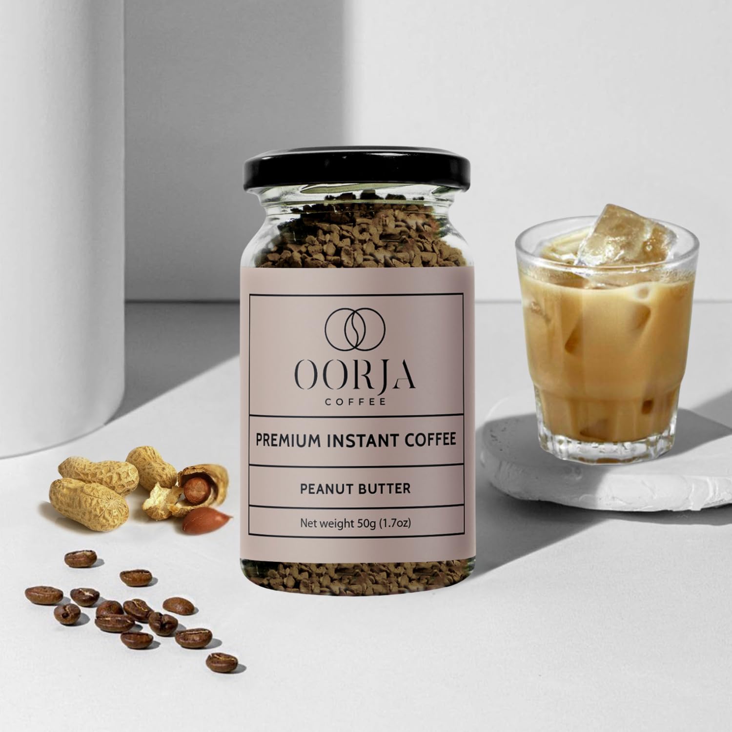 OORJA Peanut Butter Flavored Instant Coffee Granules - 100% Arabica Medium Roast Freeze Dried Coffee for Hot & Iced Drinks, 25 Servings | Perfect for Office, Travel & Home Brewing