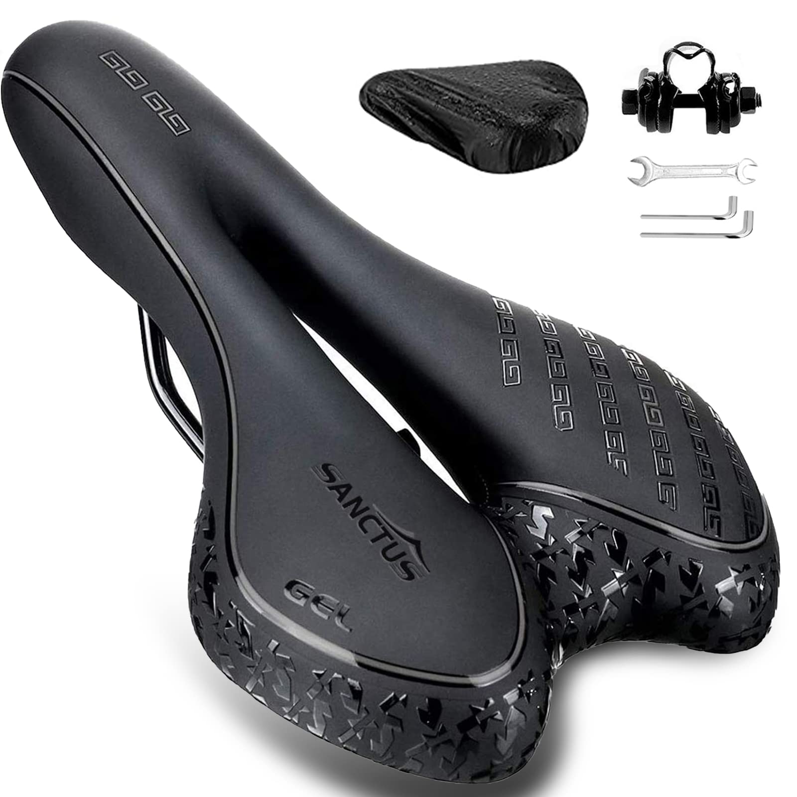 **Sanctus Comfortable Gel Bike Seat for Men & Women - Padded Bicycle Saddle Replacement with Waterproof Cover - Ideal for MTB, Mountain Bike, Road Bike & Exercise Bike - Perfect for Commuting, Cycling & Outdoor Adventures**
