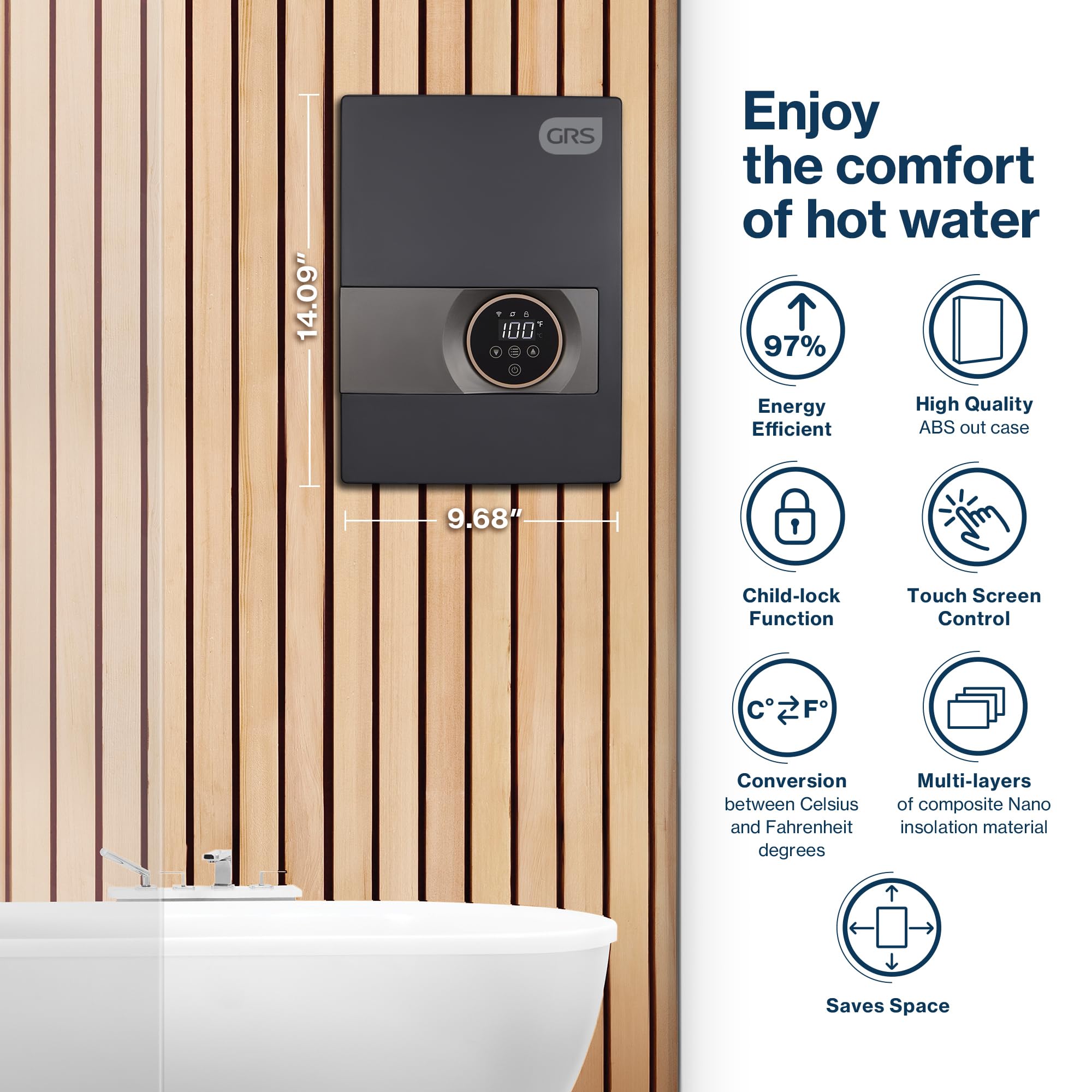 GRS 13KW 240V Electric Tankless Water Heater - Instant On-Demand Hot Water System with Digital Display for Shower & Kitchen | Easy Installation | Energy Efficient Home & RV Use