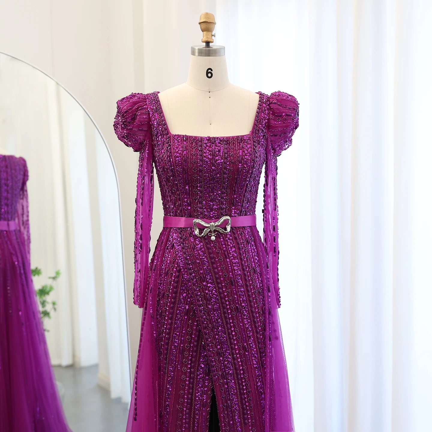 Luxury Dubai Fuchsia Long Sleeve Evening Dress with Detachable Overskirt - Elegant Formal Gown for Weddings, Galas & Special Occasions
