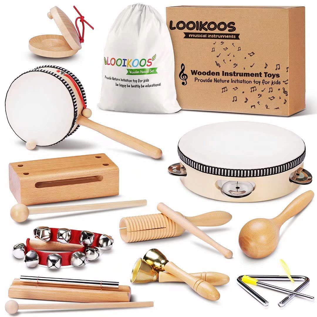 LOOIKOOS Montessori Wooden Musical Instruments for Toddlers 1-3 Years - Natural Percussion Toy Set for Kids Ages 5-9 | Preschool Learning Toys for Early Childhood Development | Perfect for Classroom, Home Play & Sensory Exploration
