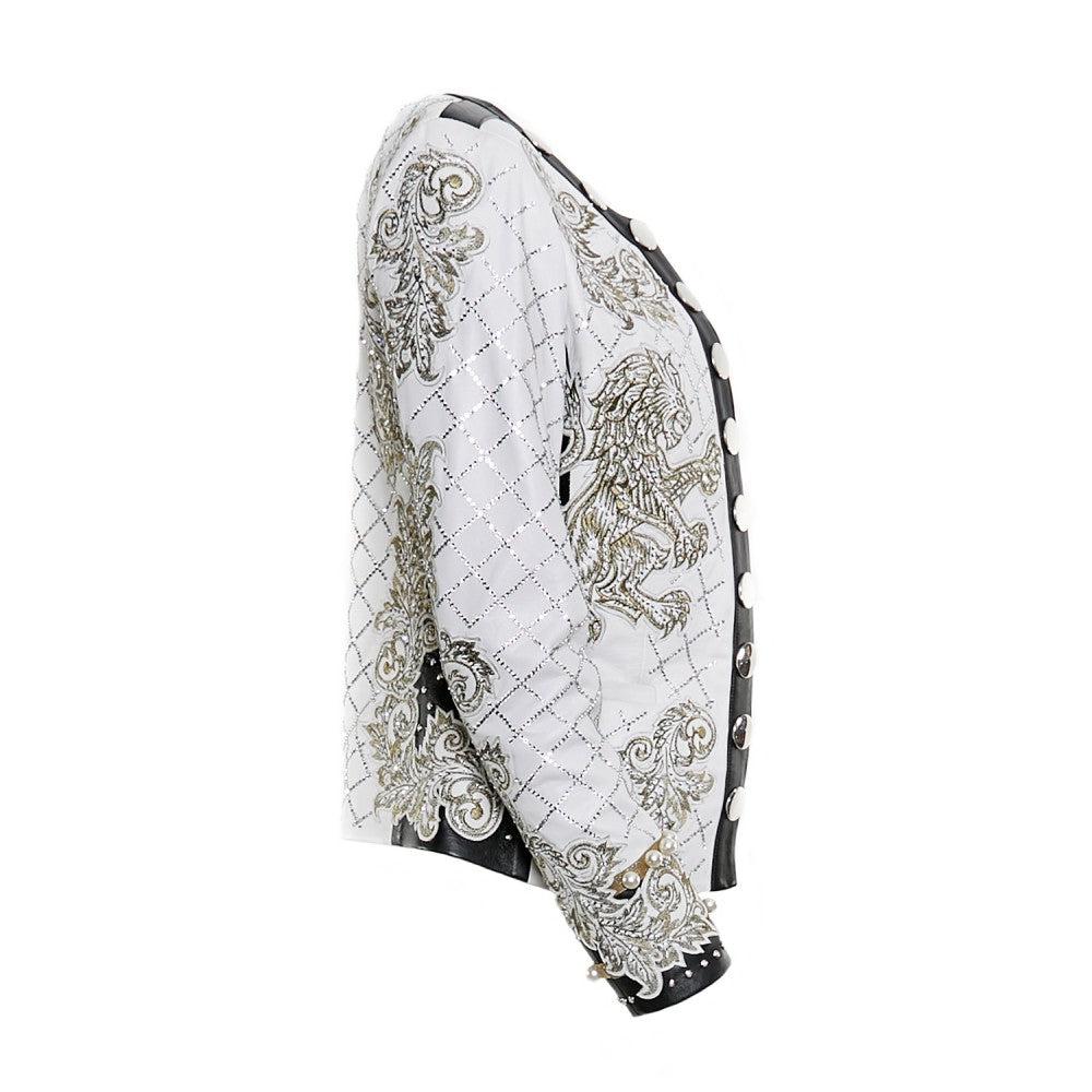 RINGQCC Women's White Western Fashion Lambskin Leather Jacket - Stylish Cowgirl Biker Coat for Casual Outings & Night Out