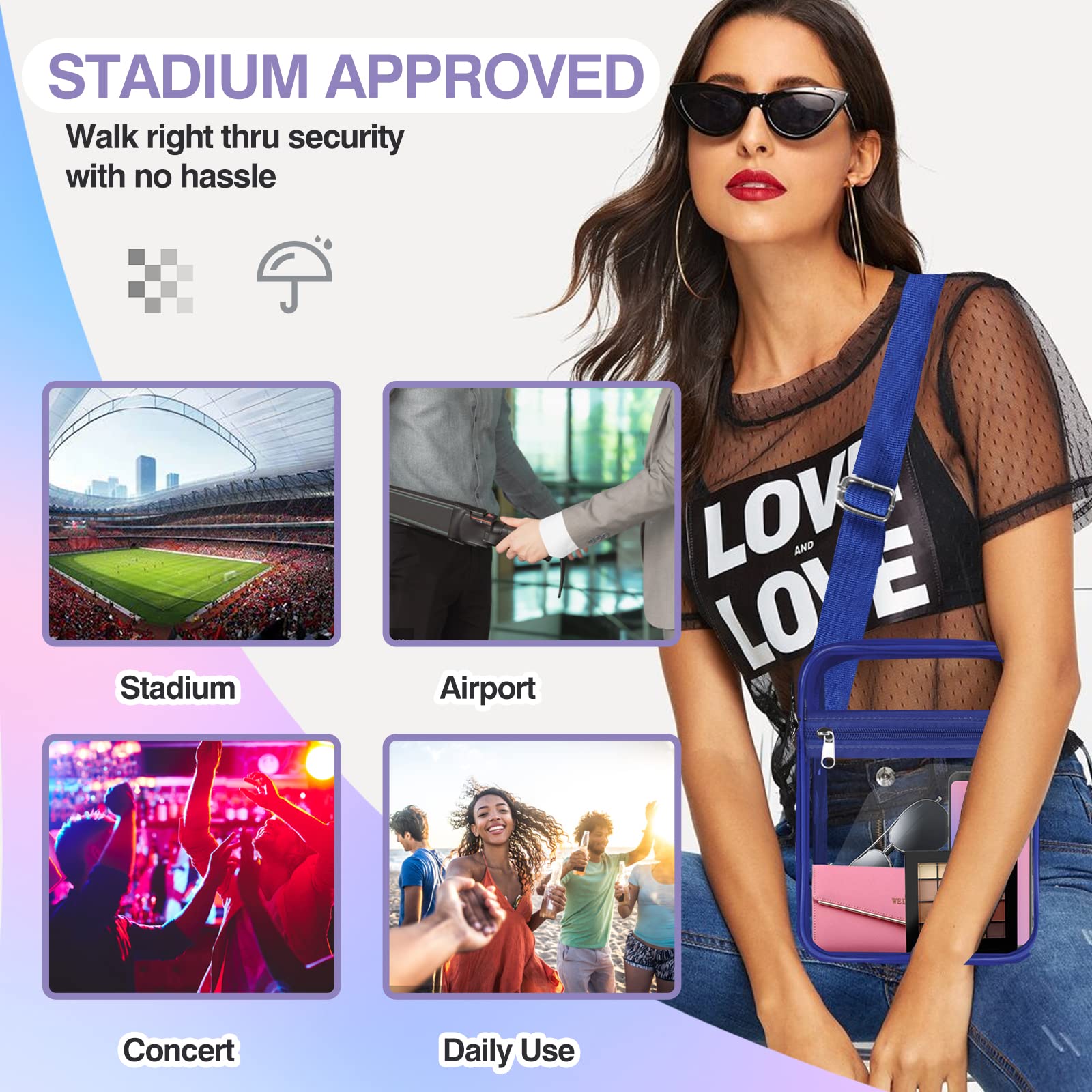 Stadium Approved Clear Crossbody Bag for Women - Adjustable Shoulder Strap with Front Pocket | Perfect for Concerts, Sports Events & Travel Security Checks