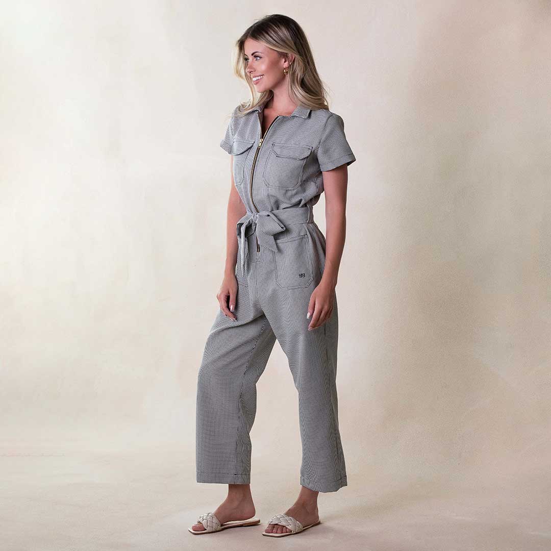Stylish Houndstooth Print City Jumpsuit for Women - Trendy One-Piece Romper with Pockets | Perfect for Office Wear, Casual Outings & Night Events