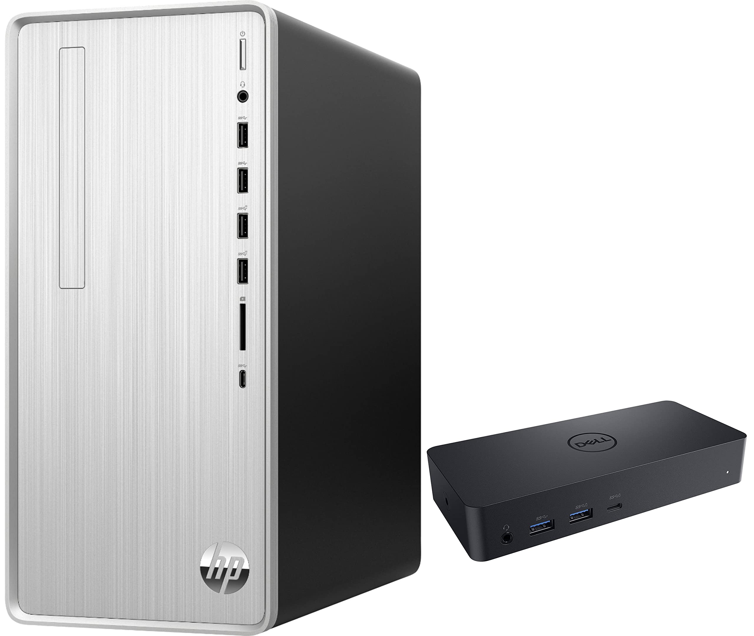 HP Pavilion TP01-2234 Desktop Computer - AMD Ryzen 7 5700G 8-Core Processor, 16GB RAM, 4TB PCIe SSD, AMD Radeon Graphics - WiFi, Bluetooth, HDMI, USB 3.2, SD Card Reader - Windows 11 Home (Silver) with D6000 Dock - Perfect for Home Office, Business Work & Gaming