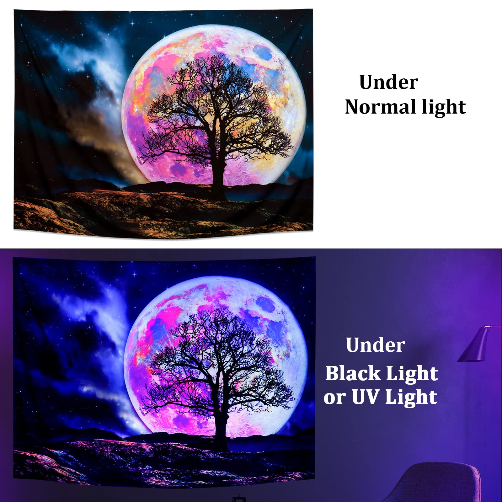 Leofanger Blacklight Moon Tapestry - UV Reactive Galaxy Space Wall Art with Mountain & Starry Night Sky Design - 70.8x92.5 Inch Large Wall Hanging for Bedroom, Living Room & Dorm Decor - Perfect for Psychedelic Room, Blacklight Parties & Meditation Spaces