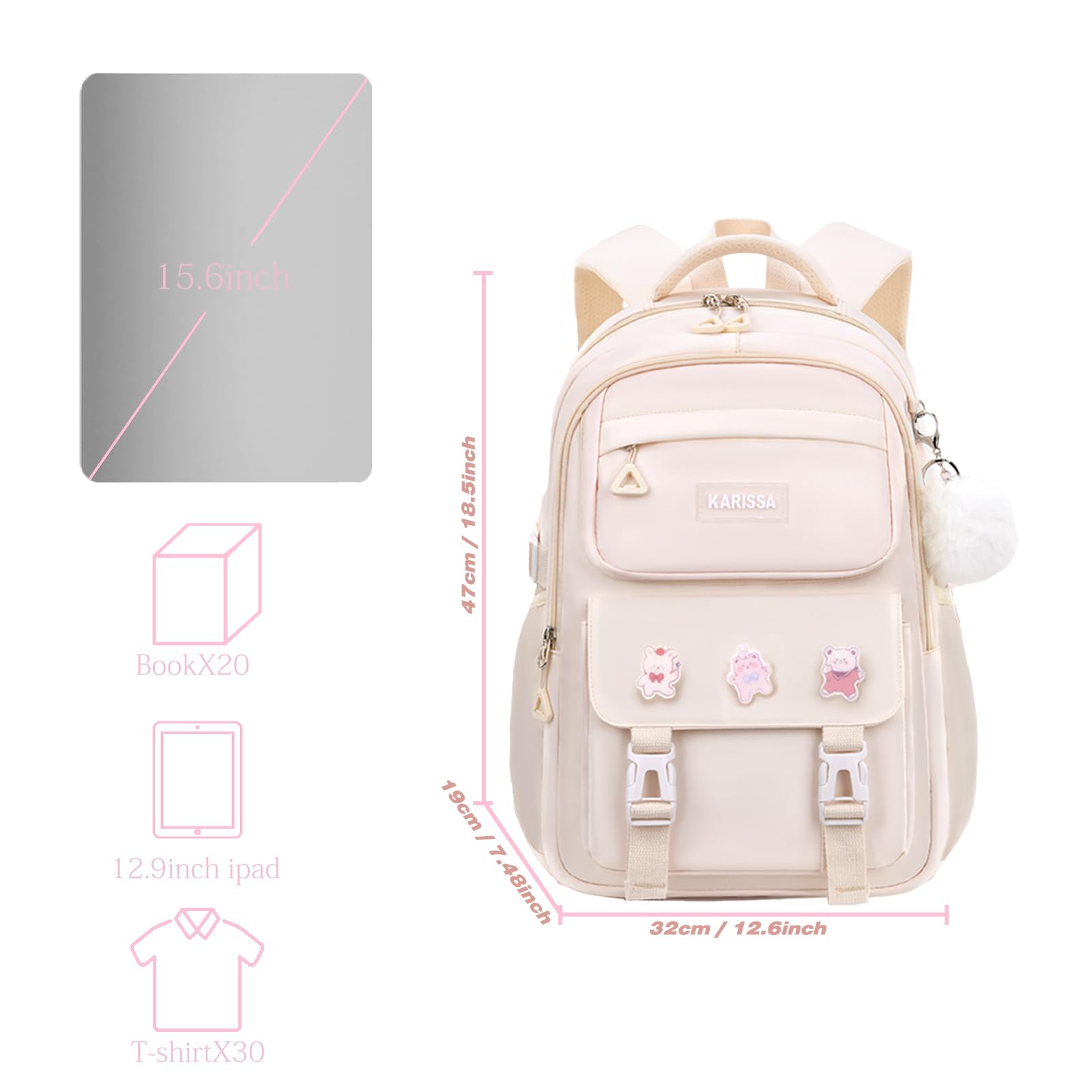 Cute Girls Backpack for School - Large Capacity Middle & Elementary Student Bookbag, Durable Casual Daypack for Teen Girls (White) - Perfect for School, Travel & Daily Use