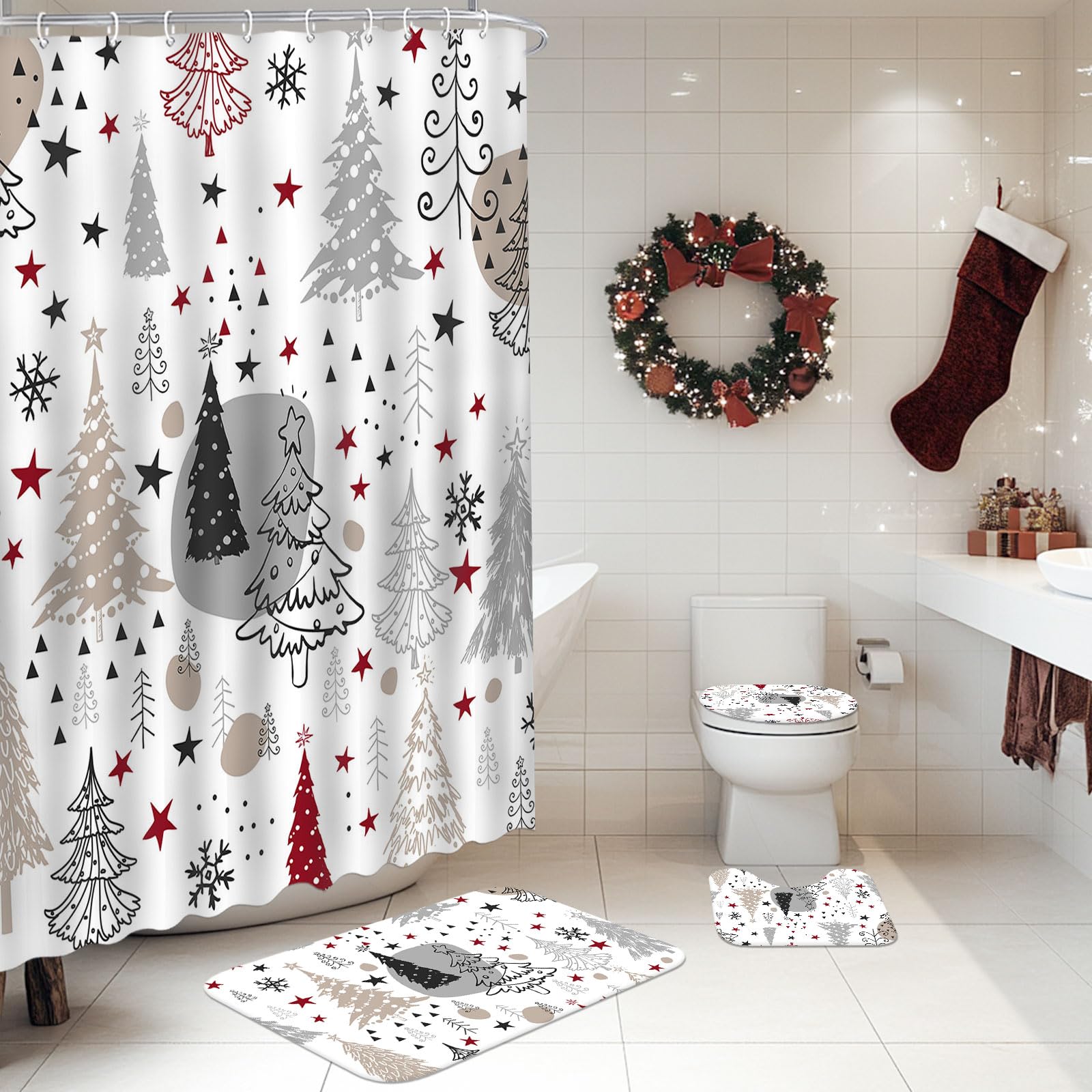 Christmas Shower Curtain Set 4pcs - Winter Pine Tree Bathroom Decor with Shower Curtain, Rugs & Toilet Lid Cover - Xmas Holiday Bath Set Includes 12 Hooks (Black, 71x71 Inches) for Festive Bathroom Decorations