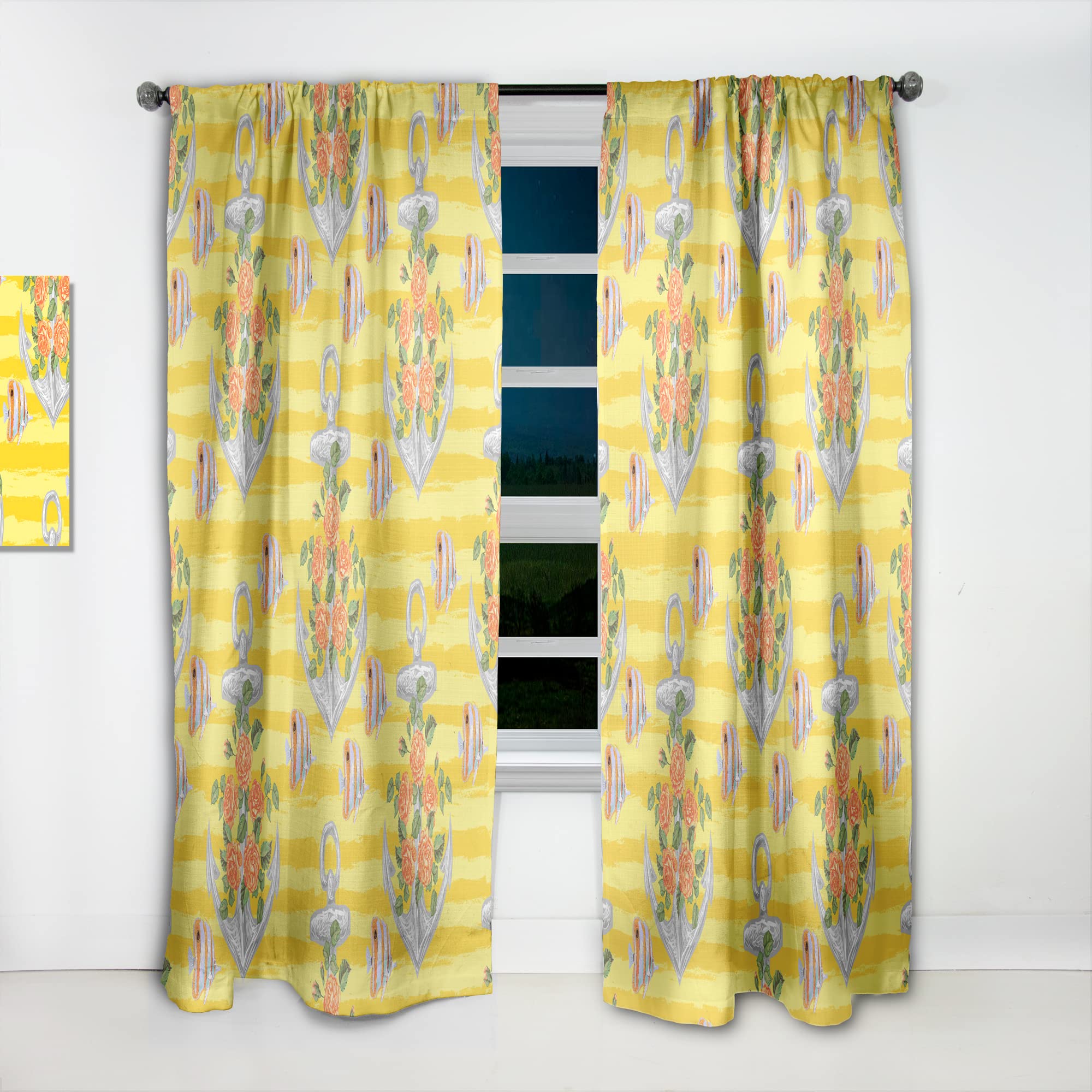 DesignQ Thermal Insulated Yellow Anchor Pattern Curtains - 52x108 Single Panel for Bedroom & Living Room - Blackout Drapes for Privacy, Light Control & Energy Efficiency