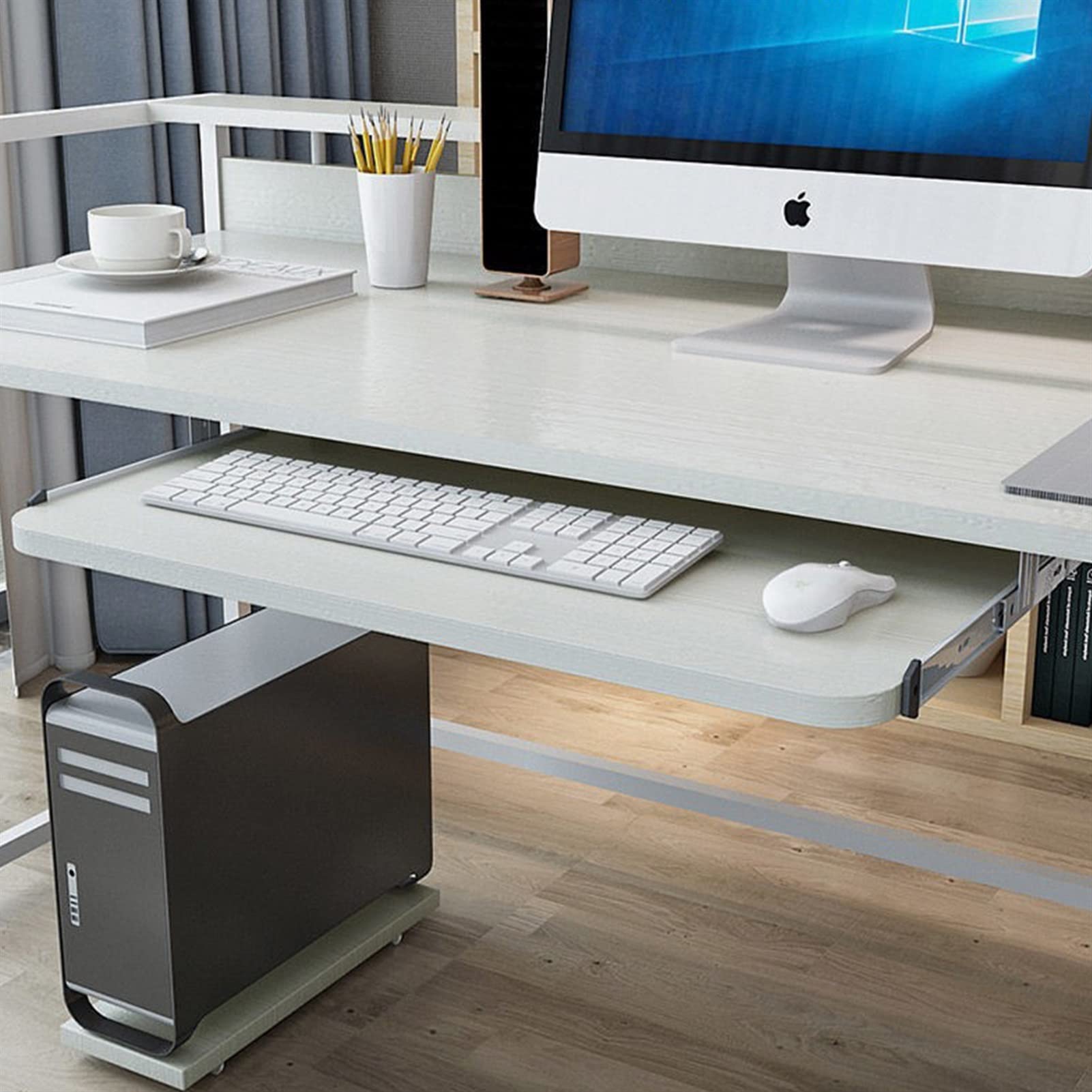 Ergonomic Wooden Keyboard Tray Under Desk - Adjustable Keyboard Drawer with Mouse Storage, 70x27cm (White) - Perfect for Home Office & Gaming Setup to Improve Posture
