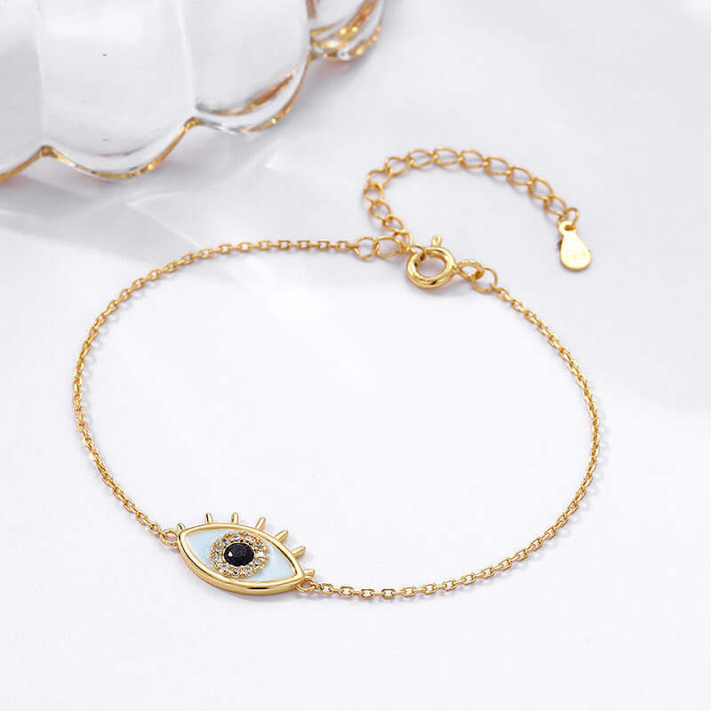 YS015 Sterling Silver Turkish Evil Eye Bracelet with Gold Accents - Protection & Style for Women, Perfect for Gifts & Everyday Wear
