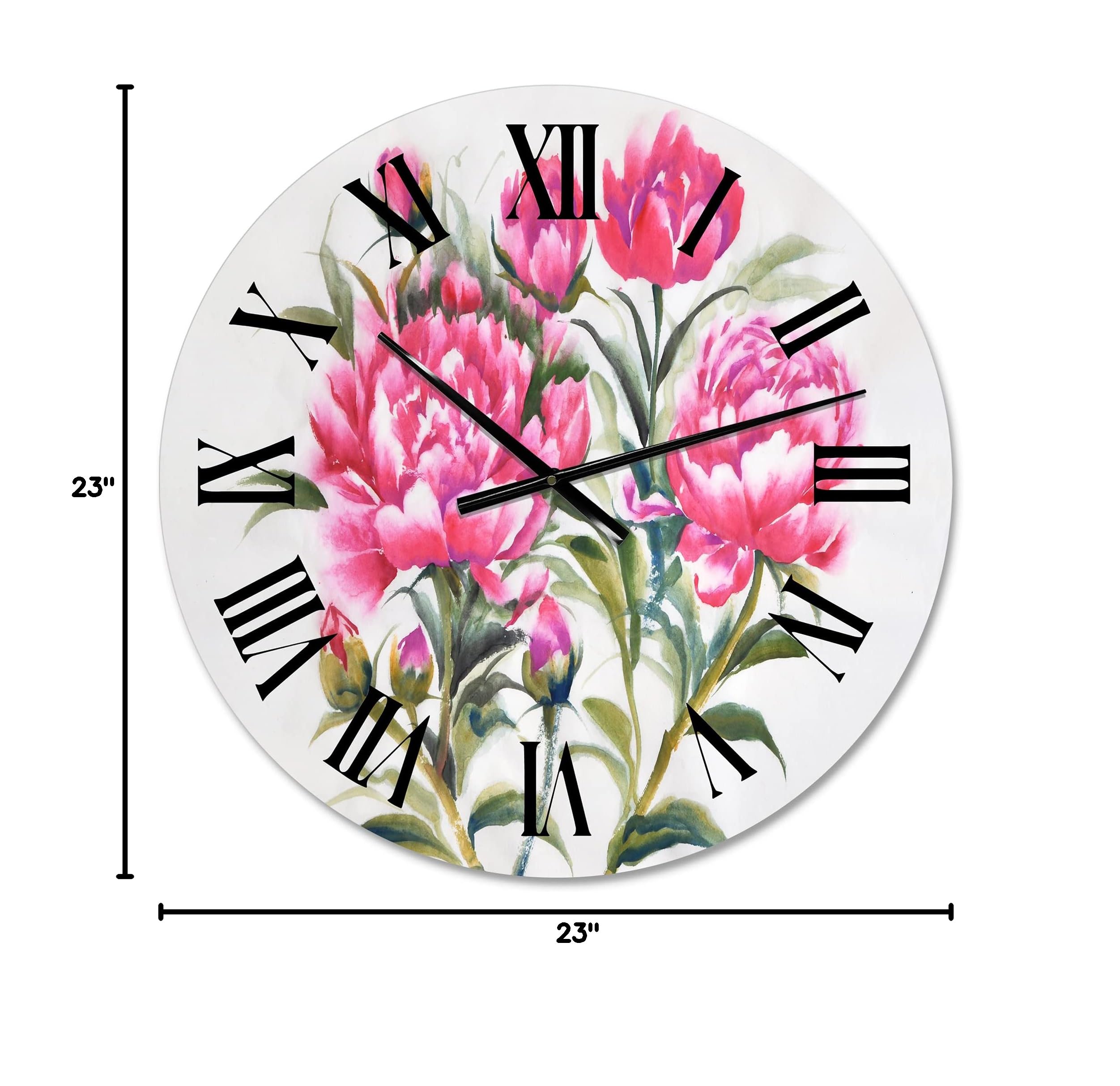 DesignQ Traditional Wall Clock - Purple Peonies Floral Large Wall Clock for Kitchen, Living Room, Bedroom Decor | Perfect for Home, Office & Gift Giving