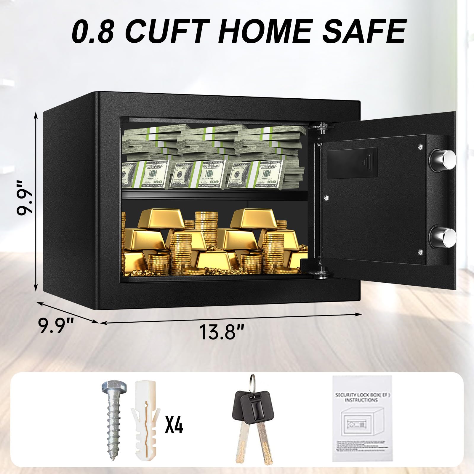 Tenamic Deluxe Electronic Digital Safe Box with Keypad - 0.8 Cuft Steel Alloy Security Safe for Home, Office & Hotel - 2 Password Protection - Compact Black Safe for Jewelry, Cash & Important Documents