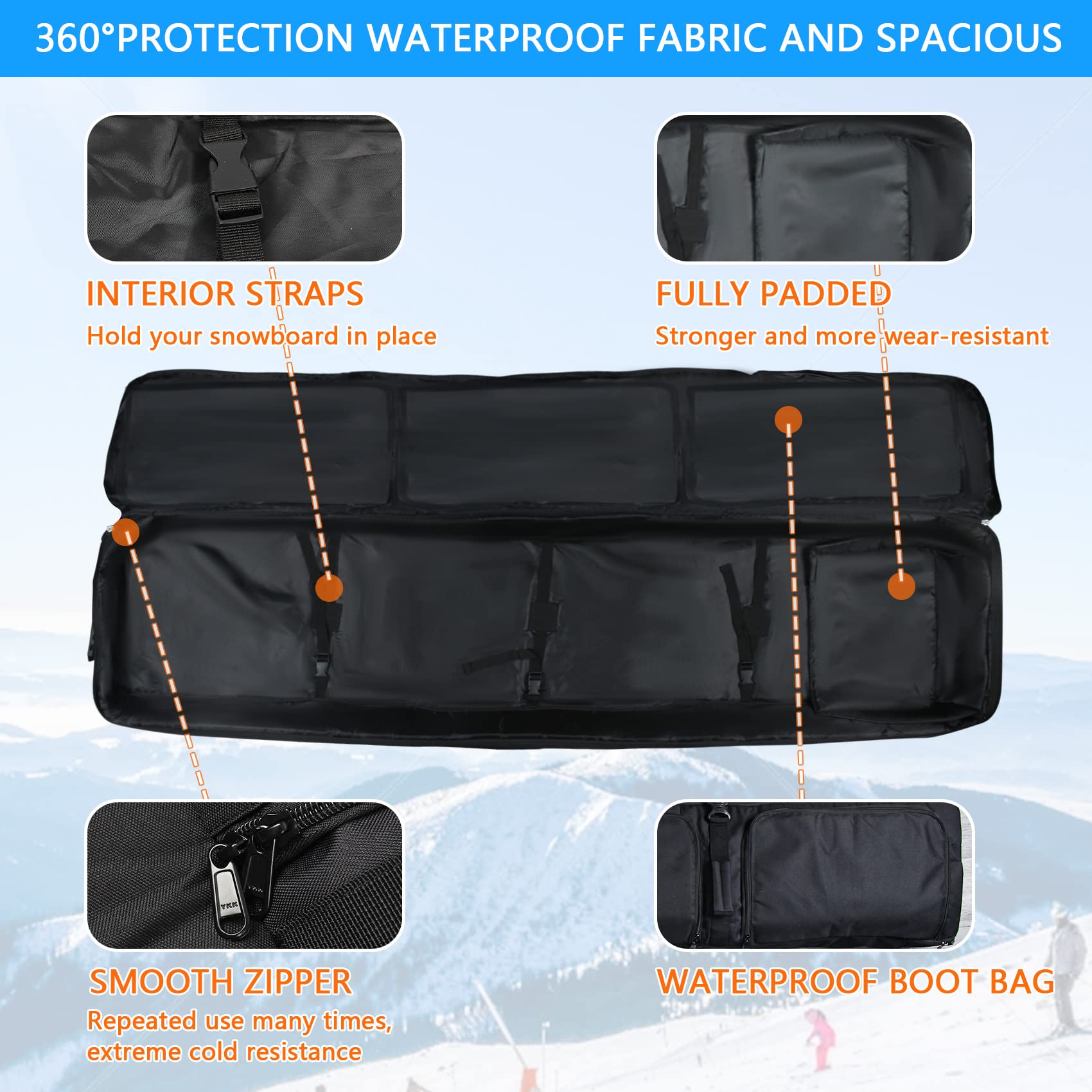 **600D Waterproof Padded Snowboard Travel Bag with Wheels - 166cm Durable Ski & Snowboard Carrier for Air Travel, Skis, Boots, Outerwear & Gear | Perfect for Winter Sports & Mountain Adventures**