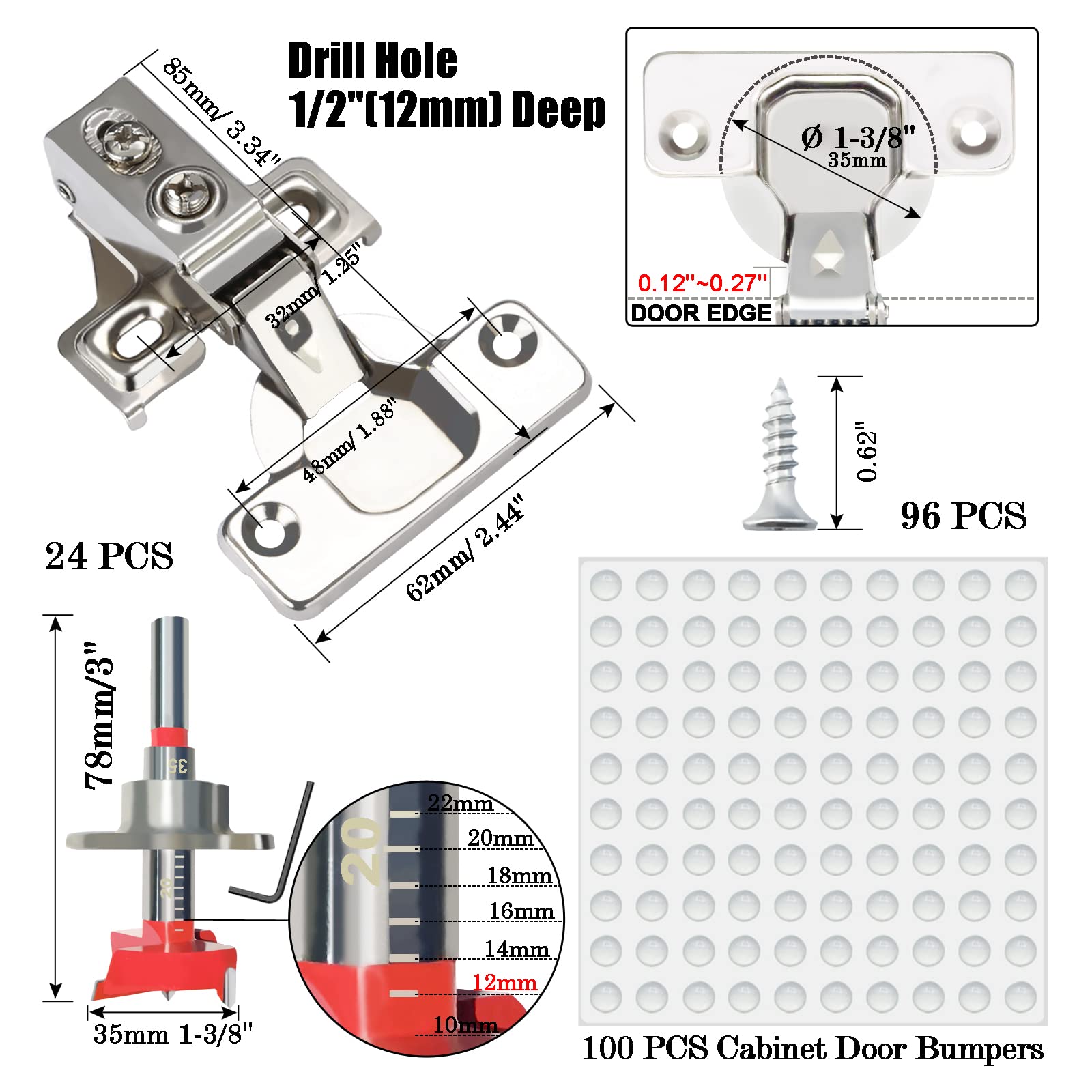 BESTEEL 24 Pack 1/2 Inch Overlay Soft Close Cabinet Hinges - Stainless Steel Concealed Kitchen Cabinet Hinges with Self Closing Mechanism - Includes Hinge Drilling Tool and Manual - Perfect for Kitchen Cabinets, Bathroom Vanities, and Furniture Installation