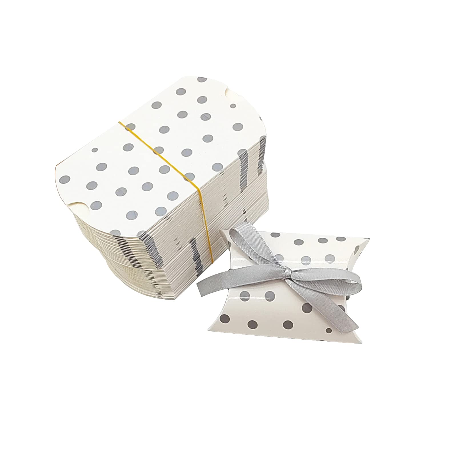 Zontween 50 Pack Kraft Dot Pillow Gift Boxes with Silver Ribbon for Wedding Favors & Birthday Gifts