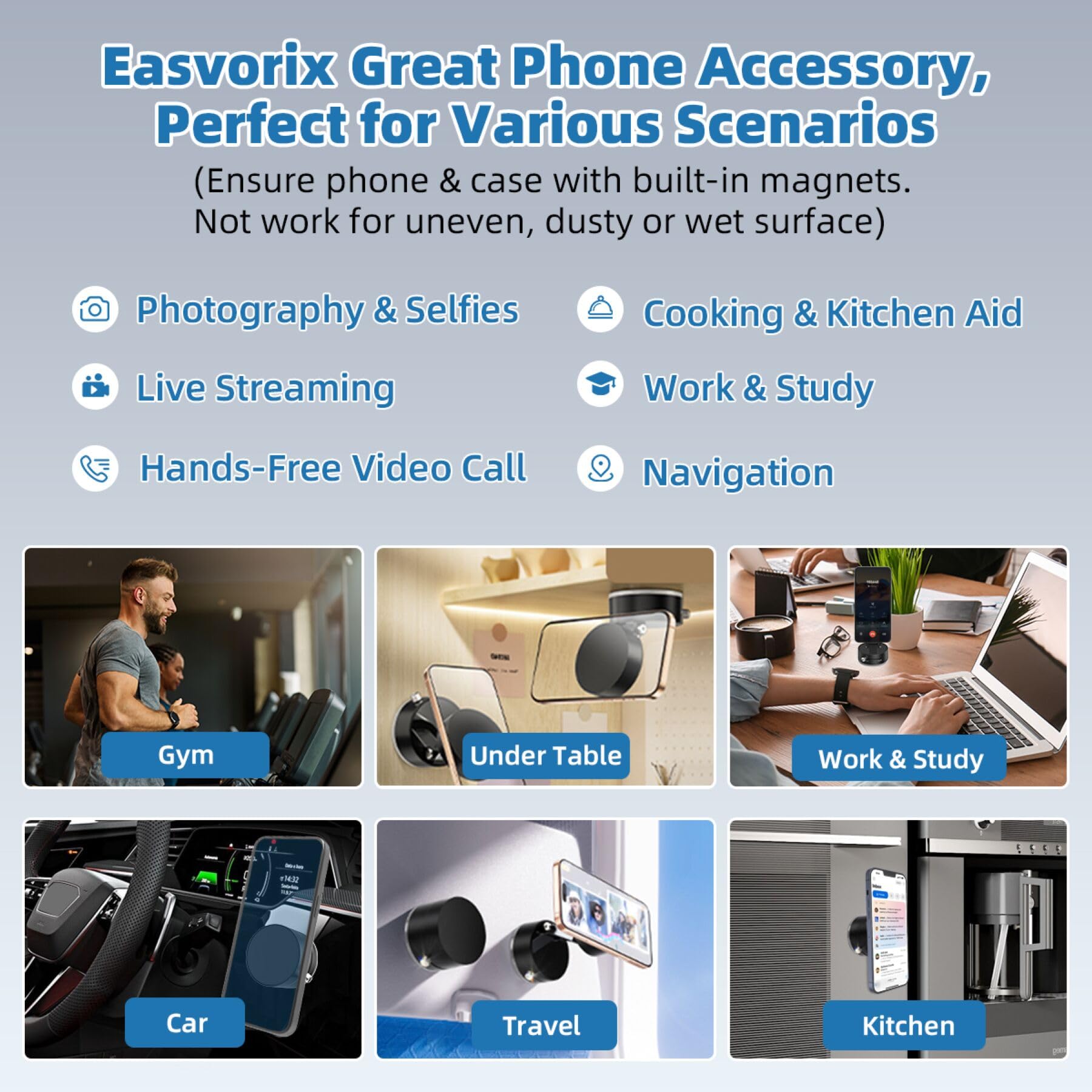 Universal Vacuum Magnetic Phone Holder with Metal Ring - Compatible with iPhone & All Smartphones | Portable, Collapsible Car Mount & Gym Stand | Includes Windshield Suction Cup for Secure Use While Driving, Working Out, or Traveling