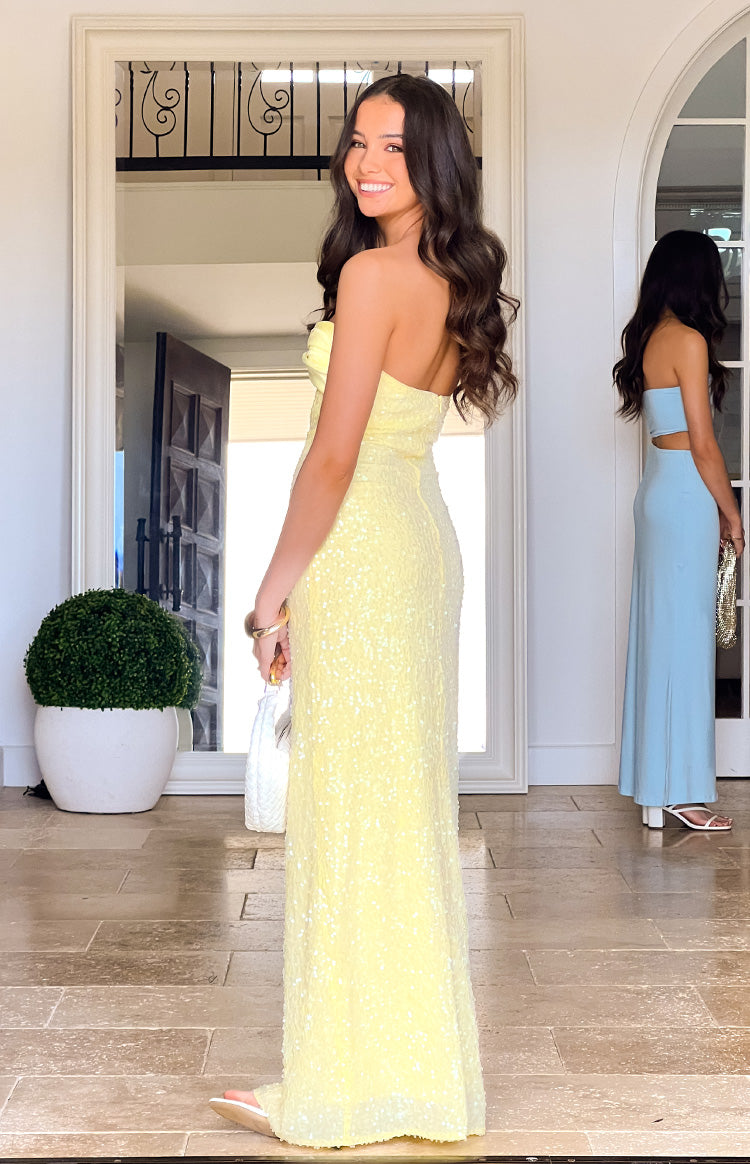 Sparkling Ashley Yellow Sequin Strapless Maxi Dress for Women - Elegant Evening Gown for Prom, Party & Special Occasions