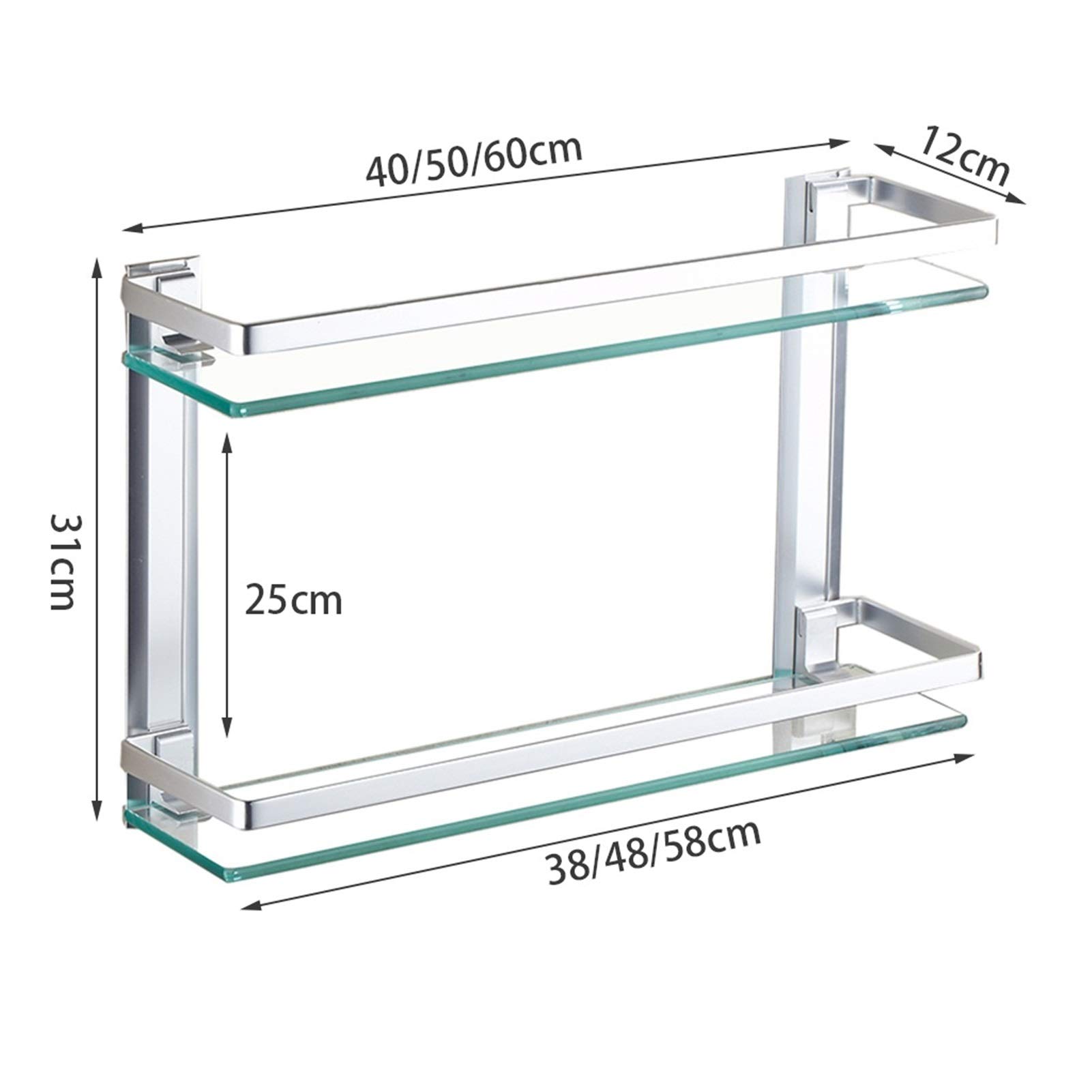 2-Tier Wall Mounted Tempered Glass Shower Shelf - 60cm Floating Organizer Rack with Aluminum Frame for Bathroom Storage | Perfect for Shampoo, Soap & Towel Organization in Showers