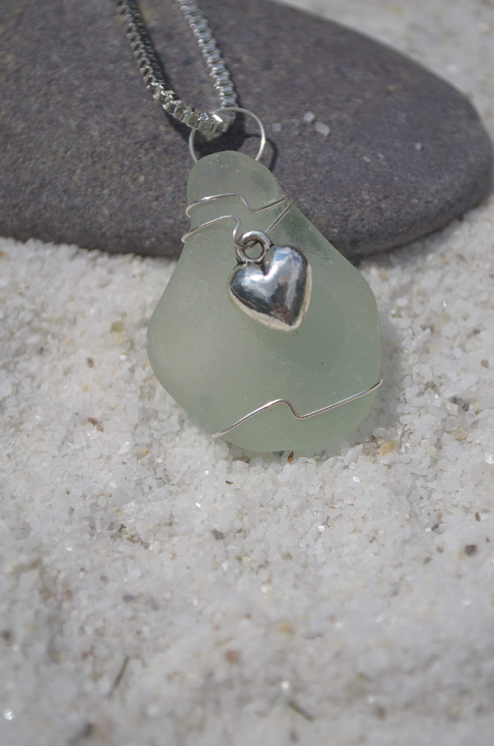 Authentic Aqua Sea Glass Necklace with Sterling Silver Heart Charm – Perfect for Beach Weddings, Boho Fashion & Gift Giving