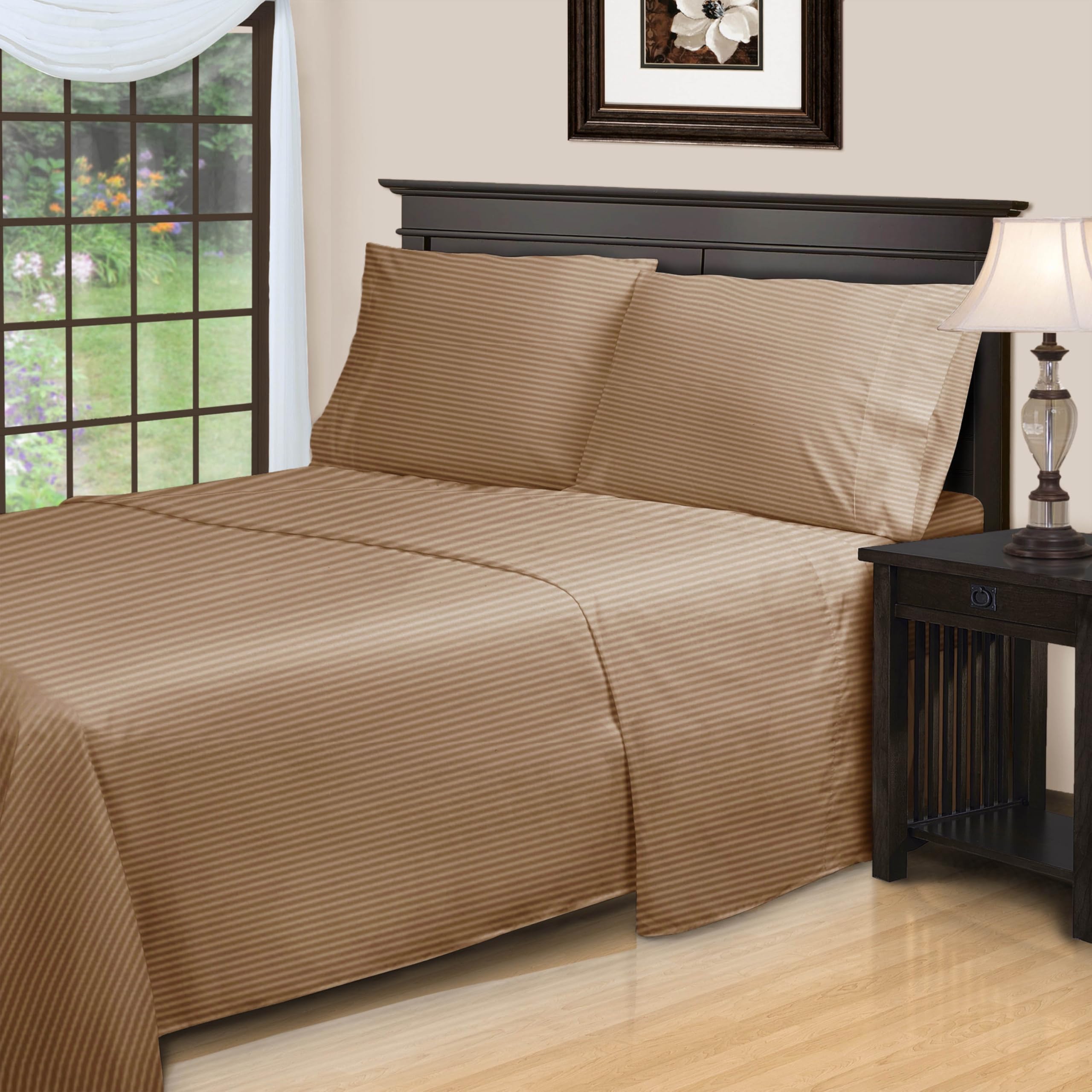 Premium 650 Thread Count Egyptian Cotton Bed Sheet Set - 1 Deep Pocket Fitted Sheet, 1 Flat Sheet & 2 Pillowcases - Luxury Soft Breathable Bedding for Twin Size Beds - Beige Striped Design - Perfect for Home, Hotel or Guest Room Use