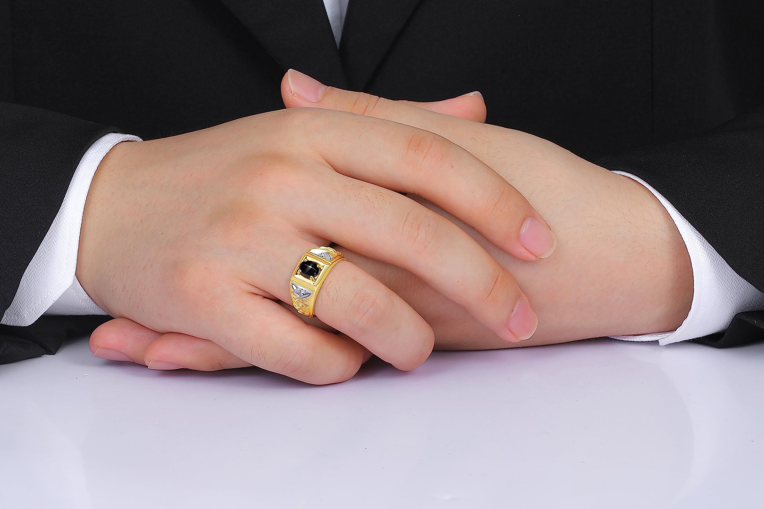 Stylish Rylos Men's Weave Band 7X5MM Oval Gemstone & Diamond Ring - Yellow Gold Plated Silver Birthstone Jewelry (Sizes 8-13) | Perfect Gift for Anniversary, Wedding & Special Occasions