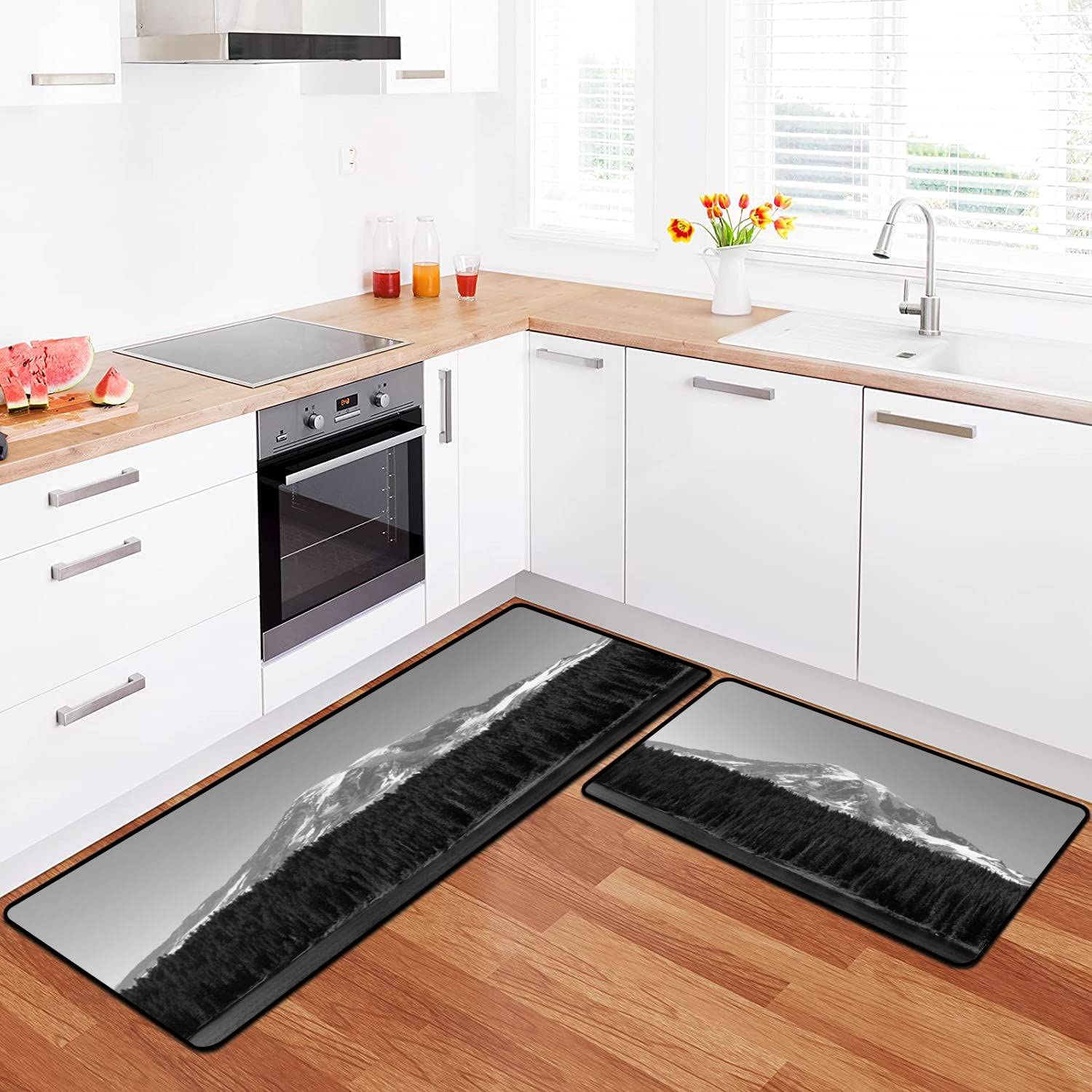 Non-Slip Washable Kitchen Rugs Set - Black and White Mt Rainier Design Floor Mat, Runner & Doormat for Comfortable Standing - Perfect for Kitchen, Bathroom & Entryway Decor