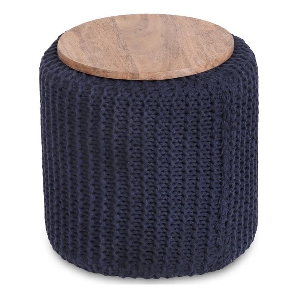 Brayton 3-in-1 Cotton Yarn Pouf Ottoman End Table - Navy Blue Multi-Functional Footstool for Living Room, Bedroom & Nursery Decor