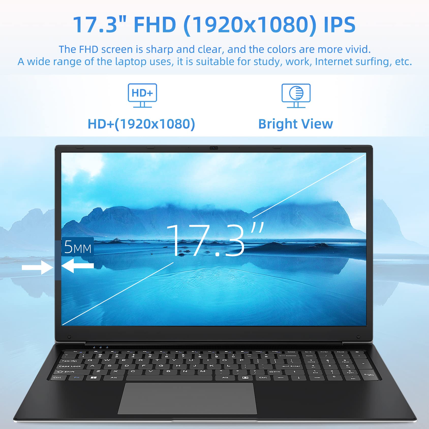 Naclud 17.3 Inch Laptop - 4GB DDR4 RAM, 128GB SSD (Expandable to 512GB via TF Card), Intel Celeron Dual-Core Processor, Full HD 1920x1080 Display, 2x USB 3.0 Ports, Dual Band WiFi, Bluetooth 4.2 - Includes 8-Language Keyboard Protector | Perfect for Home Office, Online Learning & Business Travel