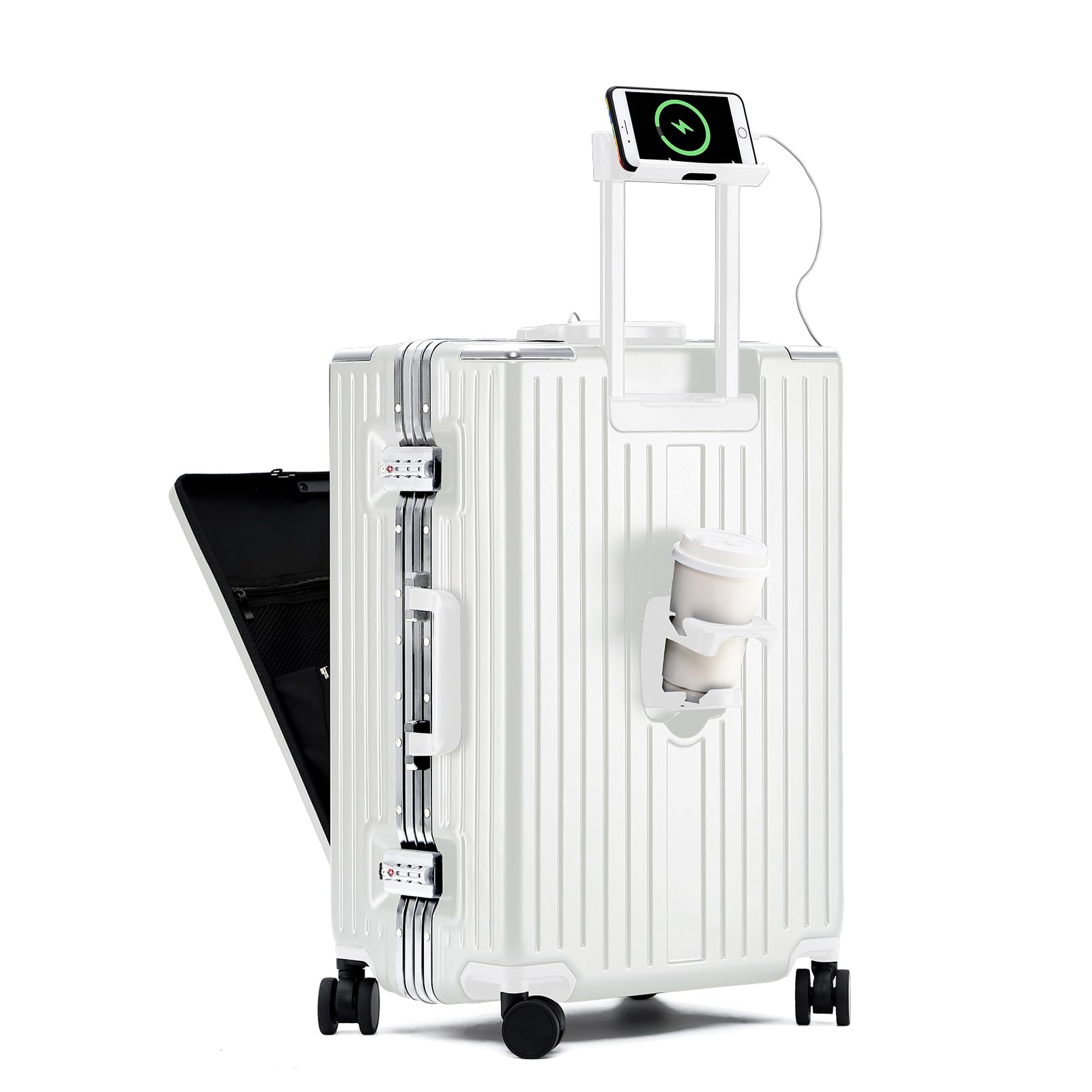 YUNASAY 20 Inch Hardside Spinner Carry On Luggage - Lightweight Aluminum Frame, TSA Lock, USB Port, Front Pocket, Cup & Phone Holder - Perfect for Air Travel & Business Trips (White)