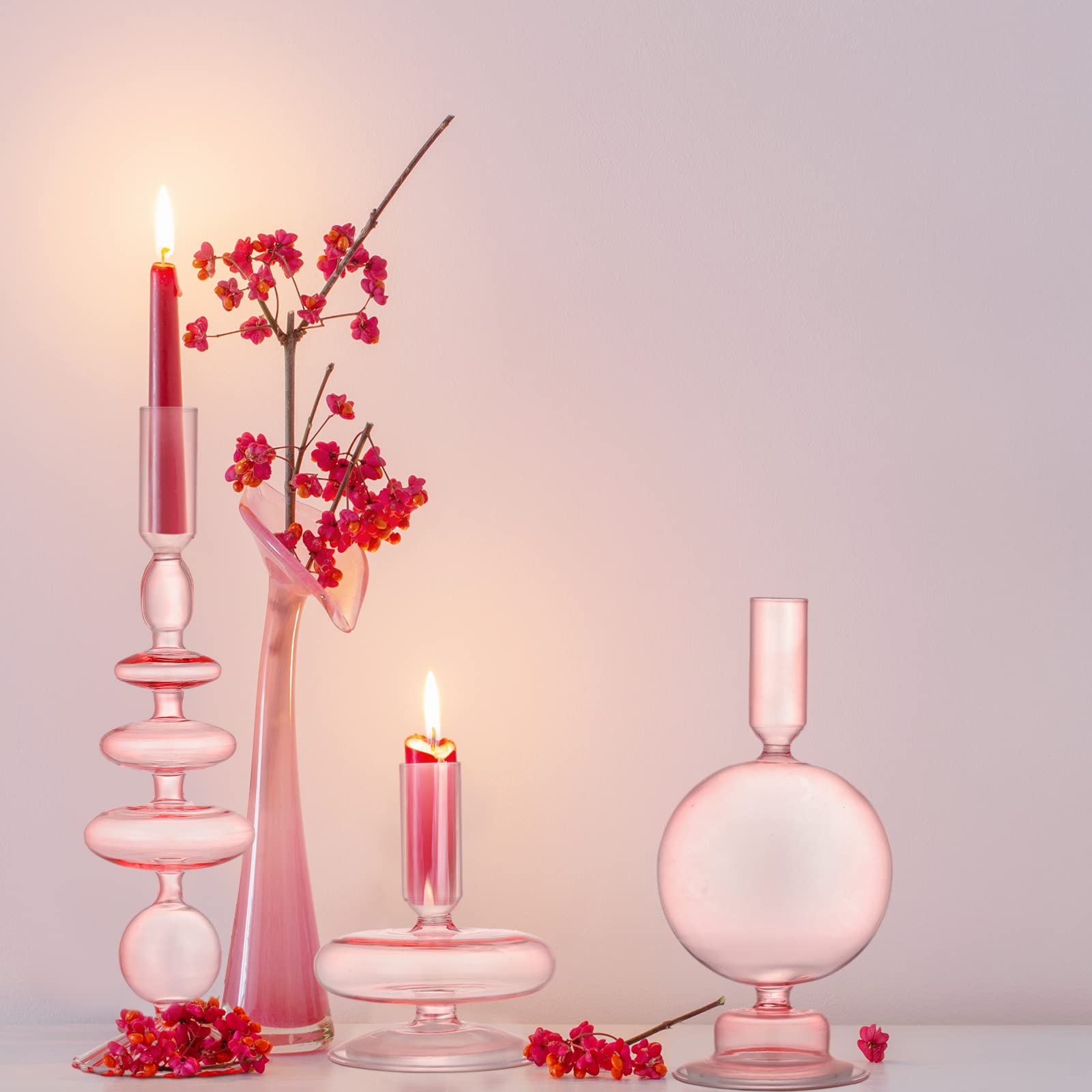 Rtteri 3-Piece Set of Elegant Groovy Wavy Glass Taper Candlestick Holders - Pink Decorative Candle Holders for Home Decor, Wedding Centerpieces & Party Table Settings