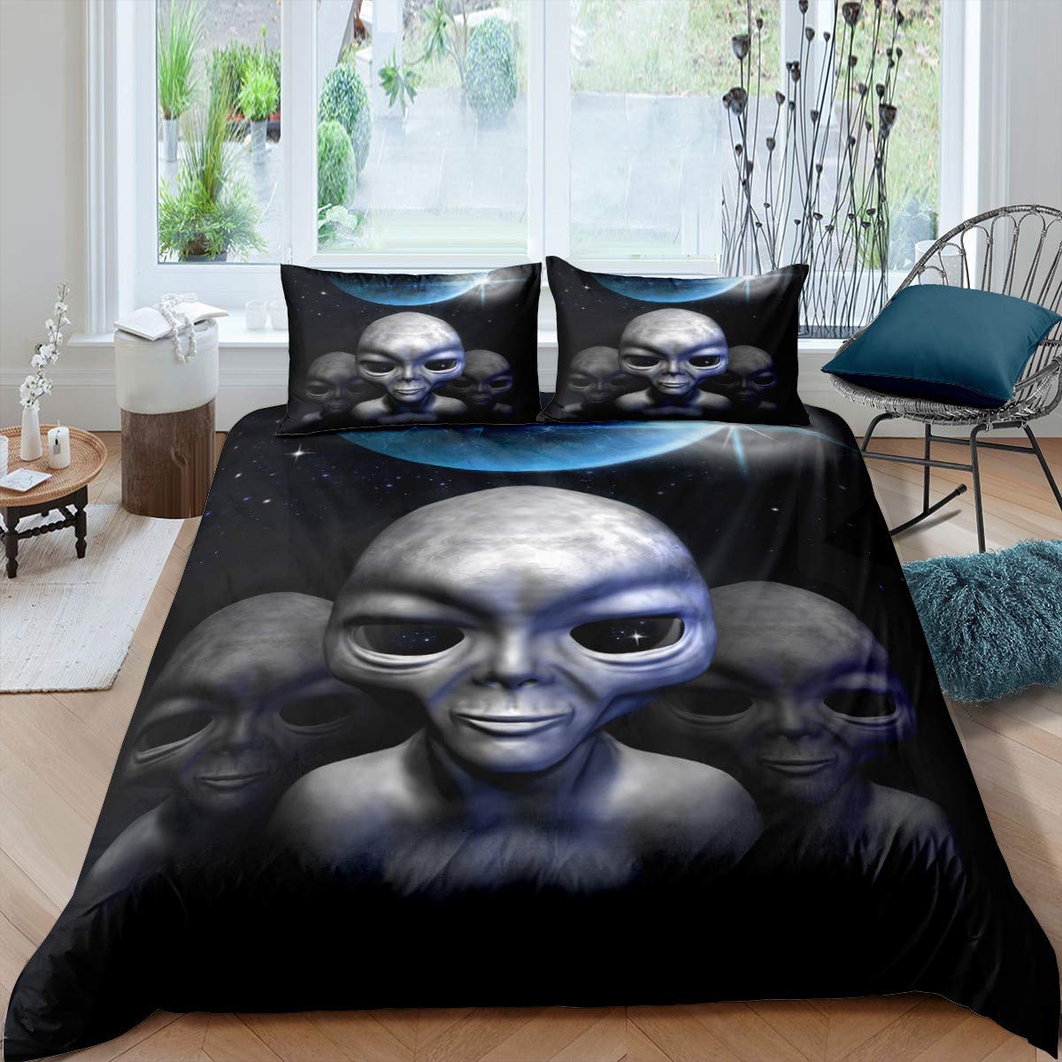 Feelyou Alien Printed Duvet Cover Set - Outer Space Themed Twin Size Comforter Cover for Kids, Boys & Teens - Supernatural Martian Microfiber Bedding Set (2Pcs) - Perfect for Sci-Fi Themed Bedrooms & Space Enthusiast Decor