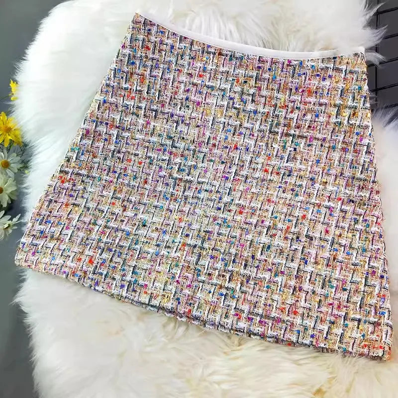 Women's Autumn Multicolor Gold Thread Woven Tweed A-Line Mini Skirt - High Waist Slim Fit Fashion Skirt for Women | Perfect for Office, Party & Casual Outfits