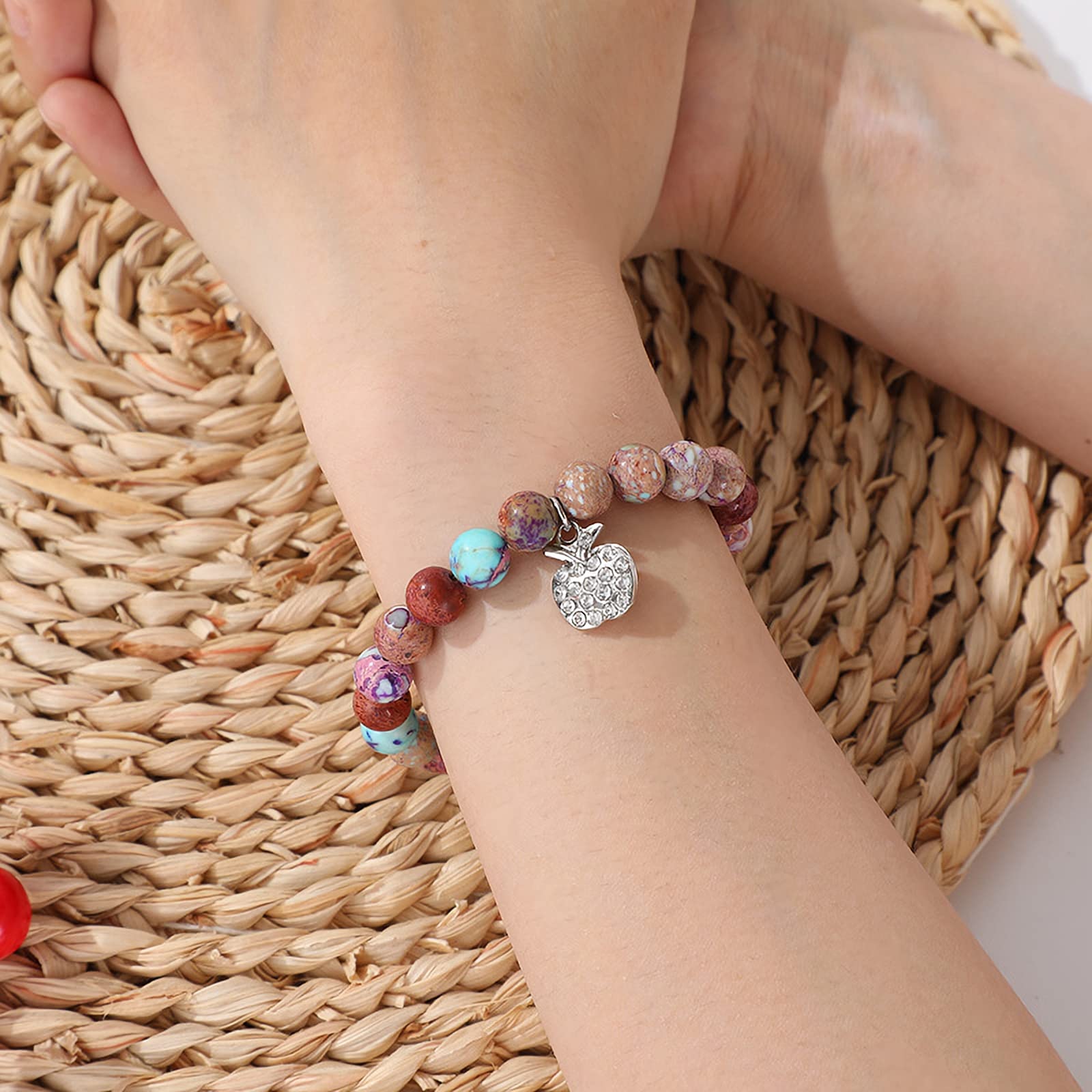 Teacher Bracelet Gift for Women - Natural Stone Jewelry with Apple Bee Charm for Graduation & Appreciation