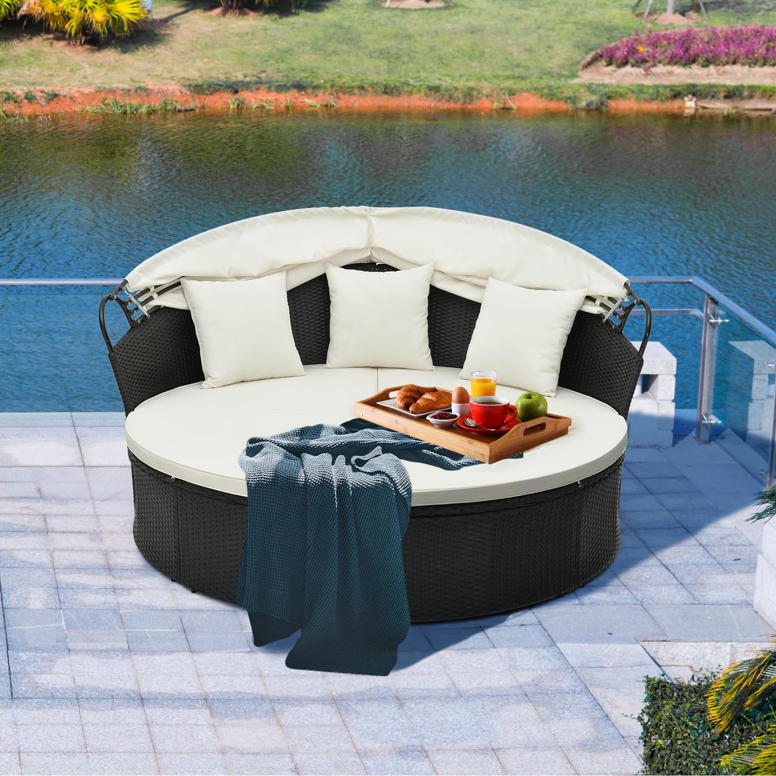 Tangkula Outdoor Patio Round Daybed with Retractable Canopy - Black Rattan Wicker Sectional Sofa with Cushions & Pillows - Backyard Lounge Furniture for Poolside, Garden, or Deck (Off White)