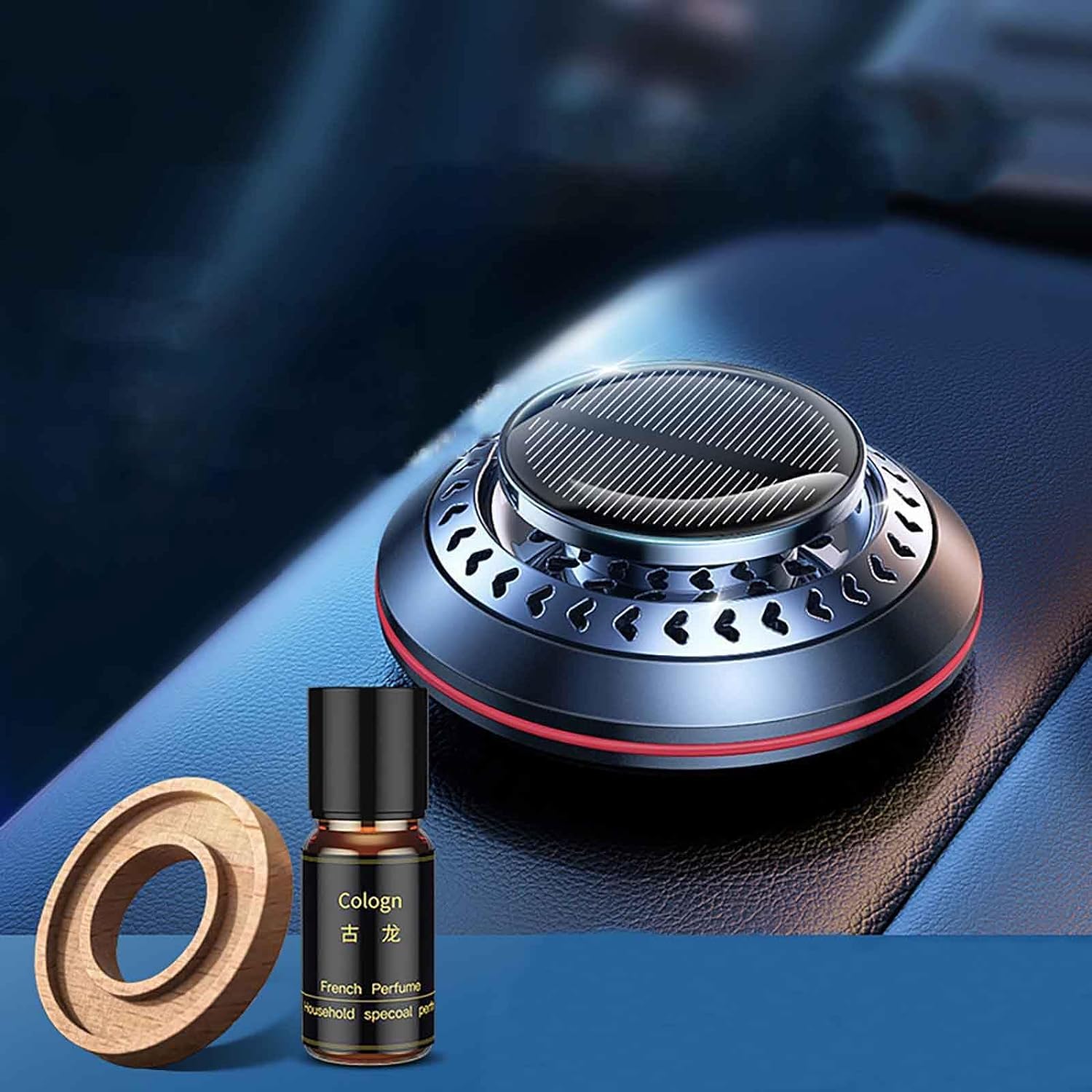 Solar Powered Car Air Freshener - Rotating Aromatherapy Essential Oil Diffuser with 5ml Cologne Oil - Car Interior Accessories & Decoration for Home, Office & Travel Use