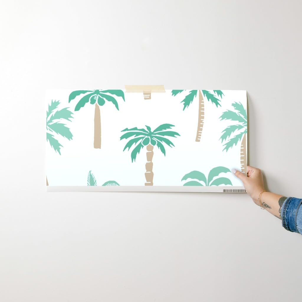 Peel & Stick Wallpaper Swatch - Tropical Aqua Palm Tree Design, Summer Beach Ocean Island Jungle Theme, Custom Removable Wallpaper by Spoonflower | Perfect for Nursery, Bathroom, and Home Decor