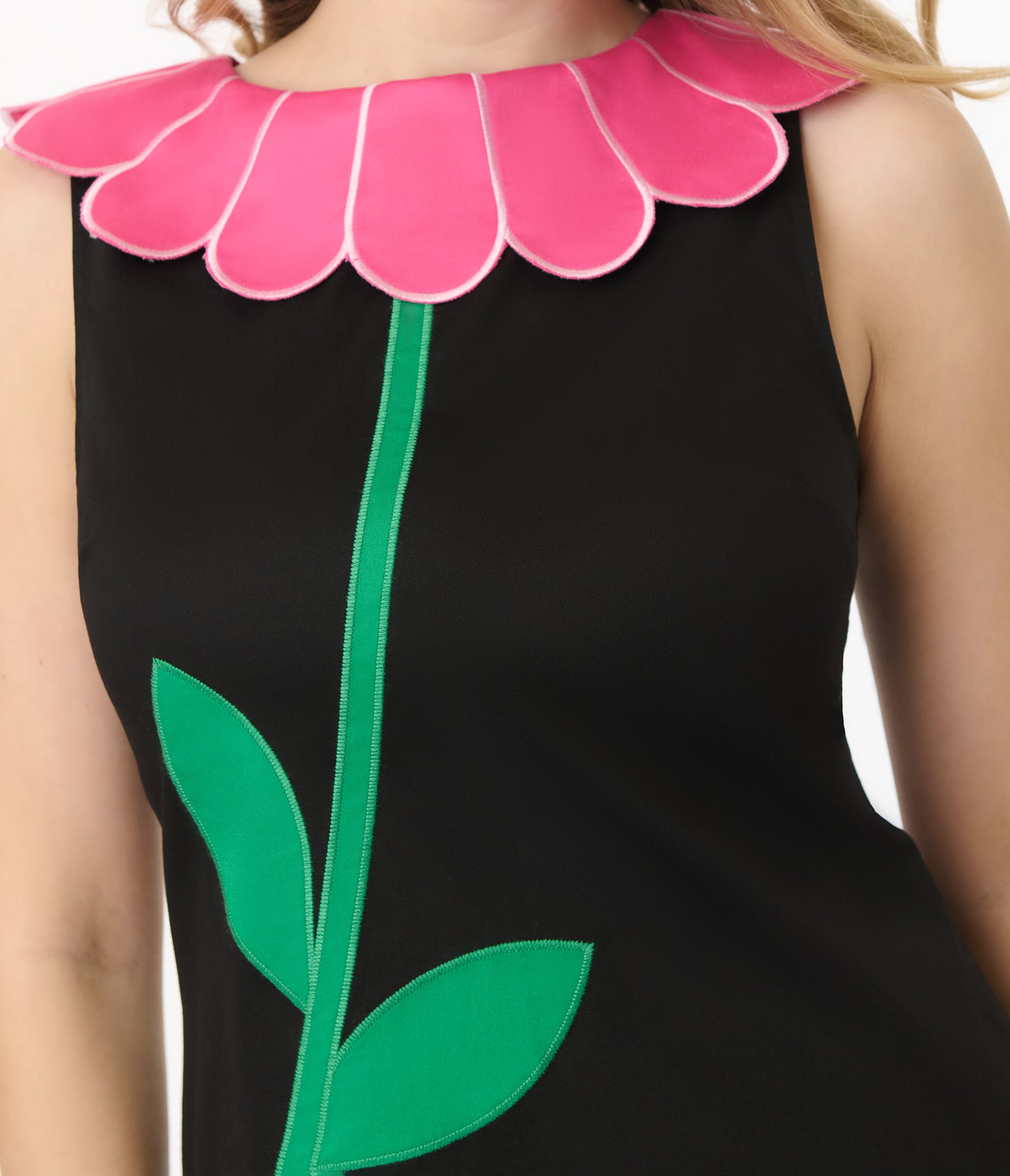 Smak Parlour Black & Pink Petal Collar Cotton Shift Dress - Women's Floral Print Summer Dress for Casual Wear, Office & Date Night